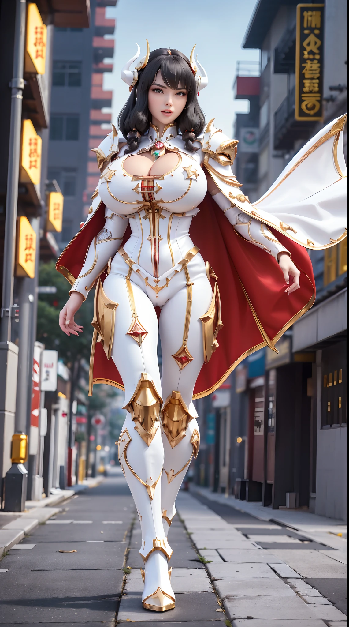 1GIRL, SOLO, (black hair, hair gold ornament), (HUGE FAKE BOOBS:1.3), (white, red, gold, FUTURISTIC DRAGON MECHA ARMOR SUIT, ROYAL CAPE, CLEAVAGE:1.5), (SKINTIGHT YOGA PANTS, HIGH HEELS:1.2), (NSFW GLAMOROUS BODY, SEXY LONG LEGS, FULL BODY:1.3), (FROM FRONT, LOOKING AT VIEWER:1), (WALKING DOWN ON STREET NIGHT CITY:1.3), PHYSICALLY-BASED RENDERING, ULTRA HIGHT DEFINITION, 8K, 1080P.
