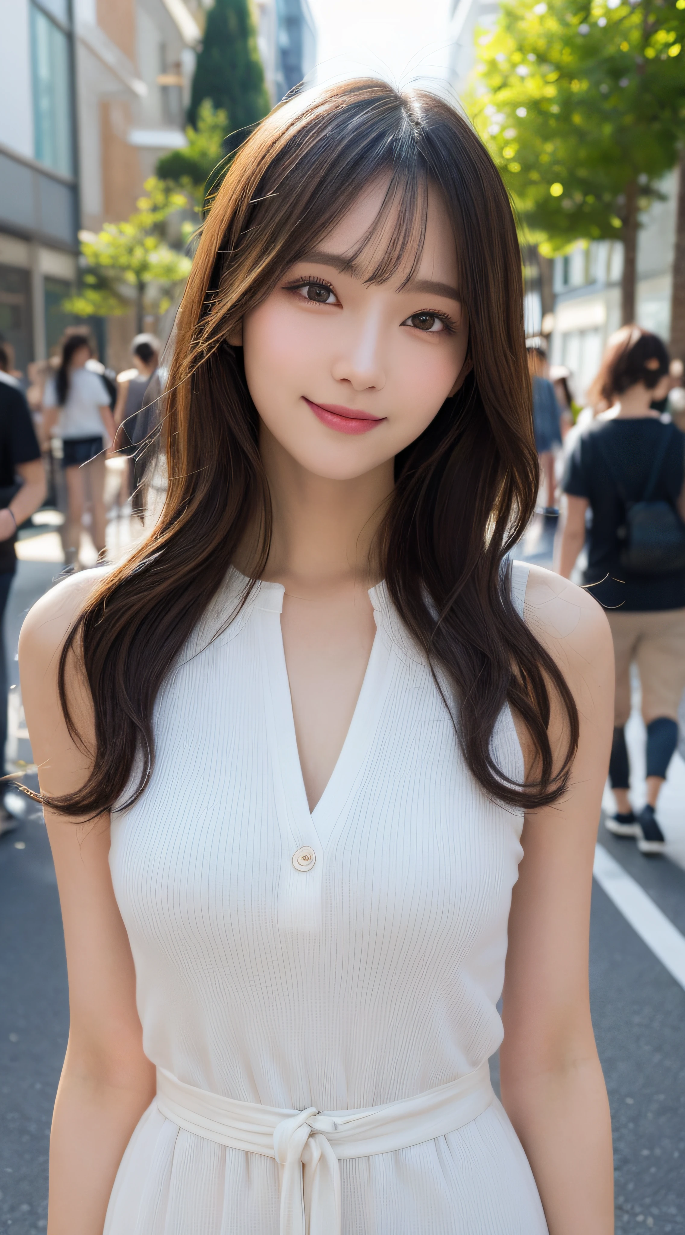 最high quality, shape, Super detailed, finely, High resolution, 8k wallpaper, 完璧なダイナミックな構shape, finelyて美しい目,wavy hair,、natural color lip, bold sexy pose,笑face, 20 year old girl、cute、sexy shot looking at camera,Ultra-realistic raw photos, hostess'face、Clothes season is random, high quality、surreal、healthy、笑face、Slender perfect shape、beauty of japan、 necklace、perfect eyes beautiful skin、Upper body、The location is Shibuya, very thin waist, people々focus perfectly on,