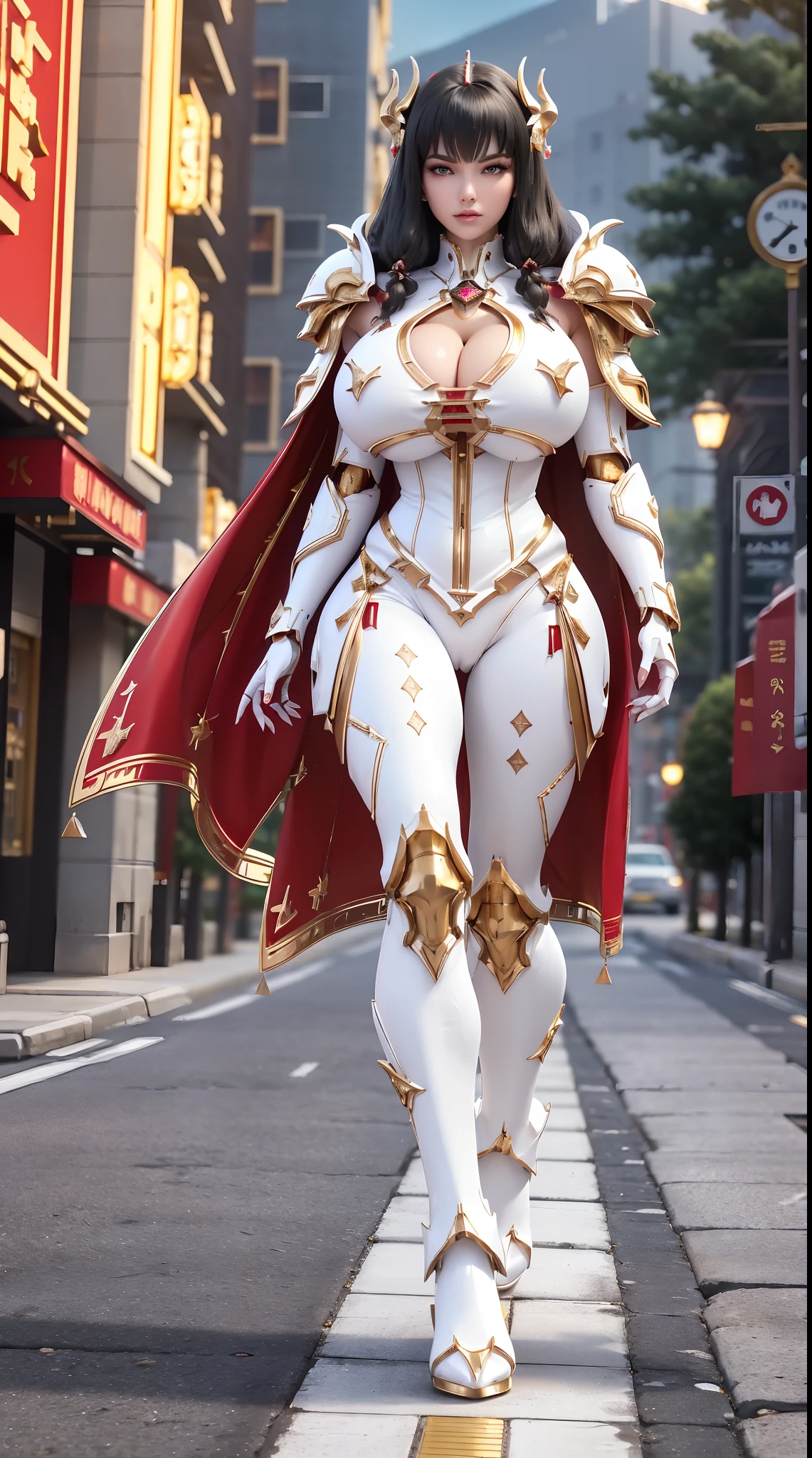 1GIRL, SOLO, (black hair, hair gold ornament), (HUGE FAKE BOOBS:1.3), (white, red, gold, FUTURISTIC DRAGON MECHA ARMOR SUIT, ROYAL CAPE, CLEAVAGE:1.5), (SKINTIGHT YOGA PANTS, HIGH HEELS:1.2), (NSFW GLAMOROUS BODY, SEXY LONG LEGS, FULL BODY:1.3), (FROM FRONT, LOOKING AT VIEWER:1), (WALKING DOWN ON STREET NIGHT CITY:1.3), PHYSICALLY-BASED RENDERING, ULTRA HIGHT DEFINITION, 8K, 1080P.