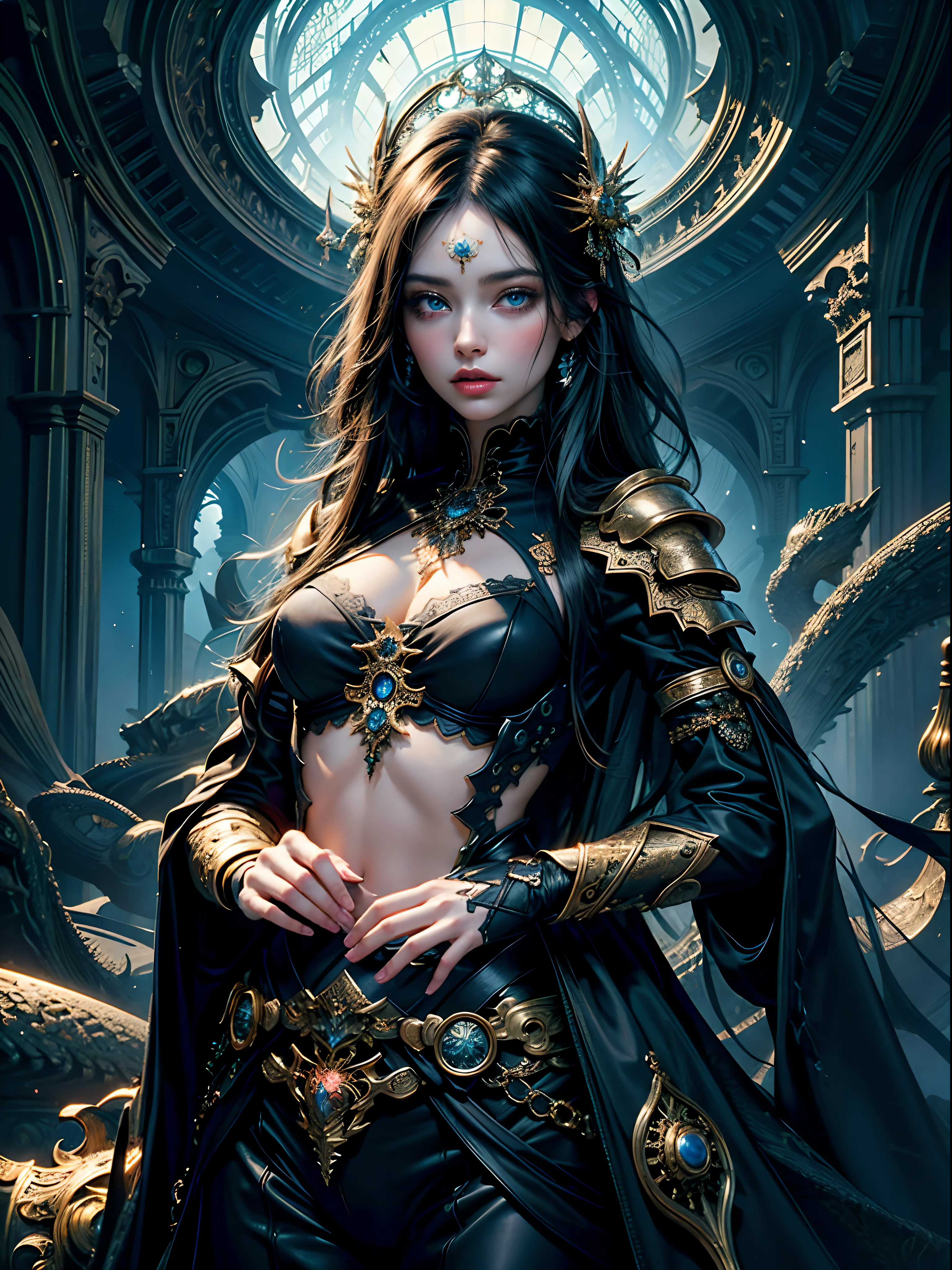 (masterpiece, top quality, best quality, official art, beautiful and aesthetic:1.2), (1girl), extreme detailed,(fractal art:1.3), highest detailed, black hair, blue eyes, pale skin, black clothes