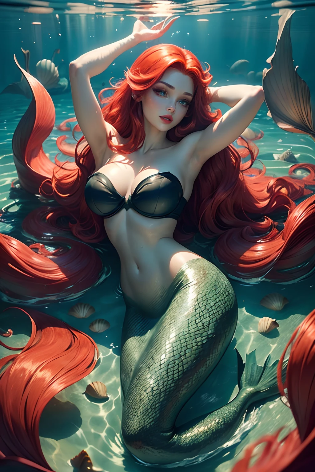 ((Ariel the little mermaid from disney animated movie pricesses series))(big glowing eyes)(bright red lips)) ((long redhead hair with bangs))((dark eyeshadows make up))(((very huge breasts))) ((perfect slim body))((wears seashells bra covering huge breasts)), ((posing sexy inside sunken ship the ocean
)) ((mermaid, mermaid tail, shinning greenscales)) ((wet skin)) (high definition, dynamic illumination and shadows)((masterpiece))(8k)(perfect face)(best quality) (perfect hands and eyes) ((hair flowing aound)) ((under water view))