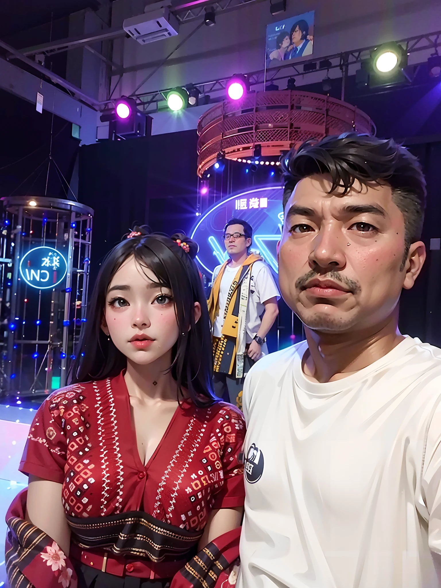 8k, UHD, Lofi, Anime Comic (couple 2.1), they are posing for a picture in front of a stage, 8k selfie photograph, shot on nikon z9, photo taken in 2 0 2 0, wpol and sarasti, taken with sony alpha 9, shot on canon eos r 5, shot on canon eos r5, music show, taken with the best dlsr camera