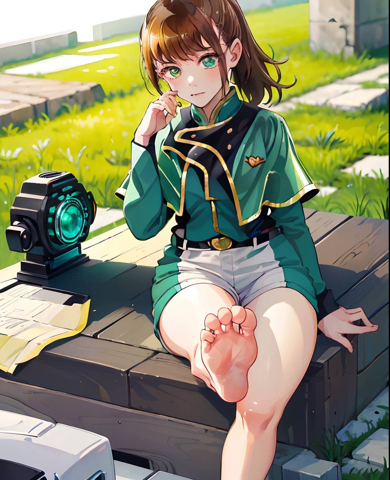 (masutepiece:1.1), (high resolusion:1.2), (Illustration:1.05), (ultra detailed 8k art:1.05), (finely detailed beautiful eye), Perfect face, Bright pupils, Lustrous skin, hayami_Sena ,Green eyes, , Black_Belt bag, Green_Capelet, Green_Jacket, white_Shorts,, Long sleeves, fullllbody, blushed, Looking at Viewer, sole, Barefoot soles、Smelly、perspiring、5 toes、Bare legged、bare-legged、Sole Focus、poneyTail