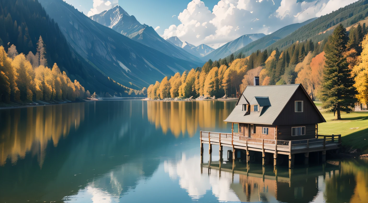 lake scene with a house by the lake . with sunshine. 8k photography, ultra HD, sharp. Canon EOS 5D Mark IV + Canon EF F1. 4L lens and showcasing the natural colors --ar 16:7 --q 2 --c 1 --v 5.1