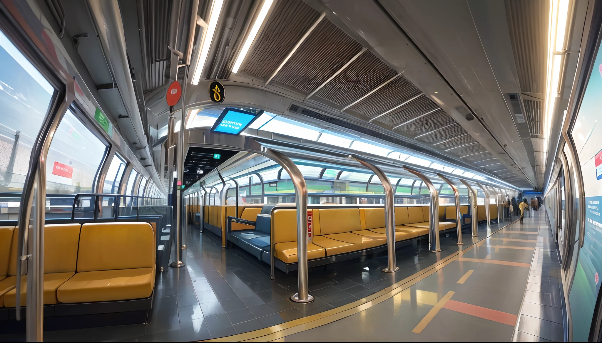 Futuristic high-speed train stopped at station in a massive underground city