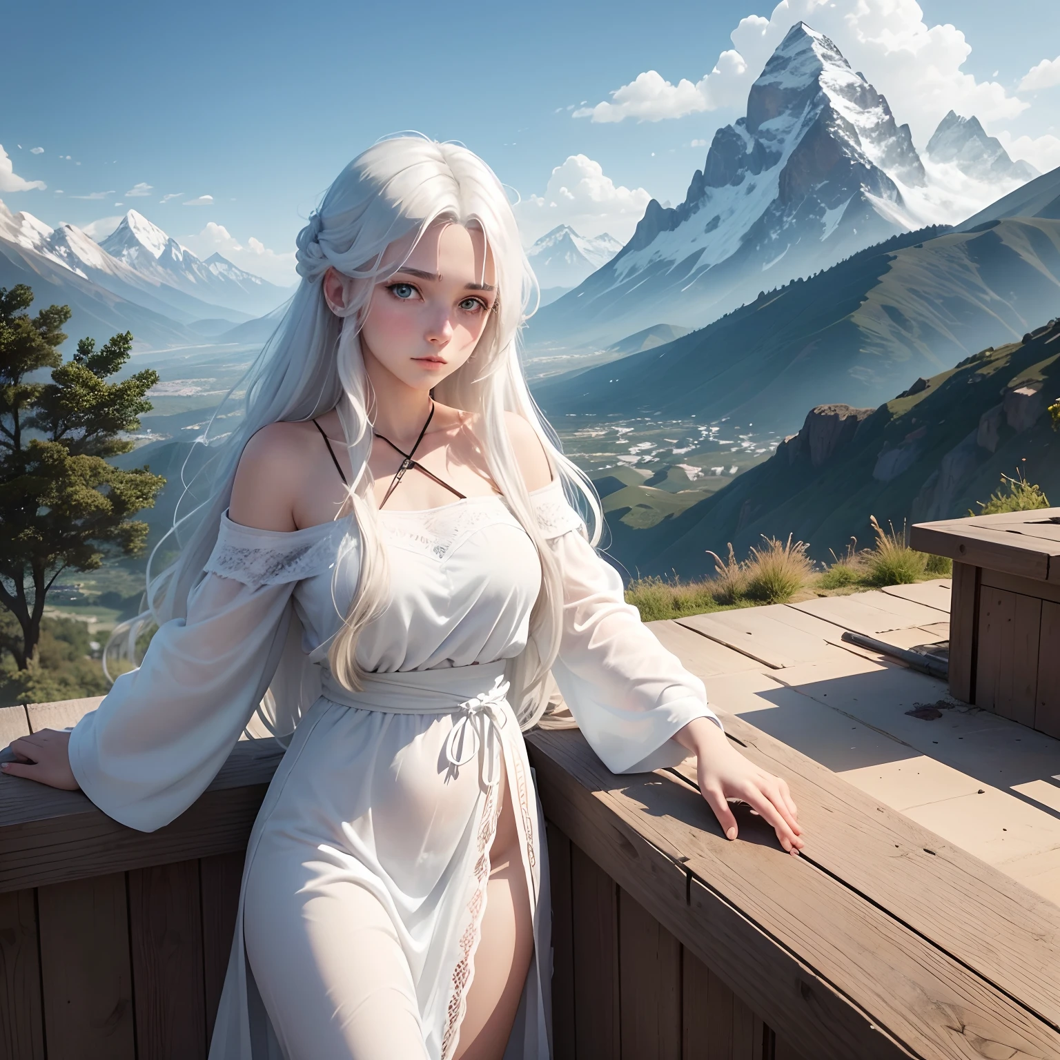 In the background are mountains, a beautiful girl name is Lisa, 18 year old with blue eyes, long white hair, wearing a white tunic is sad