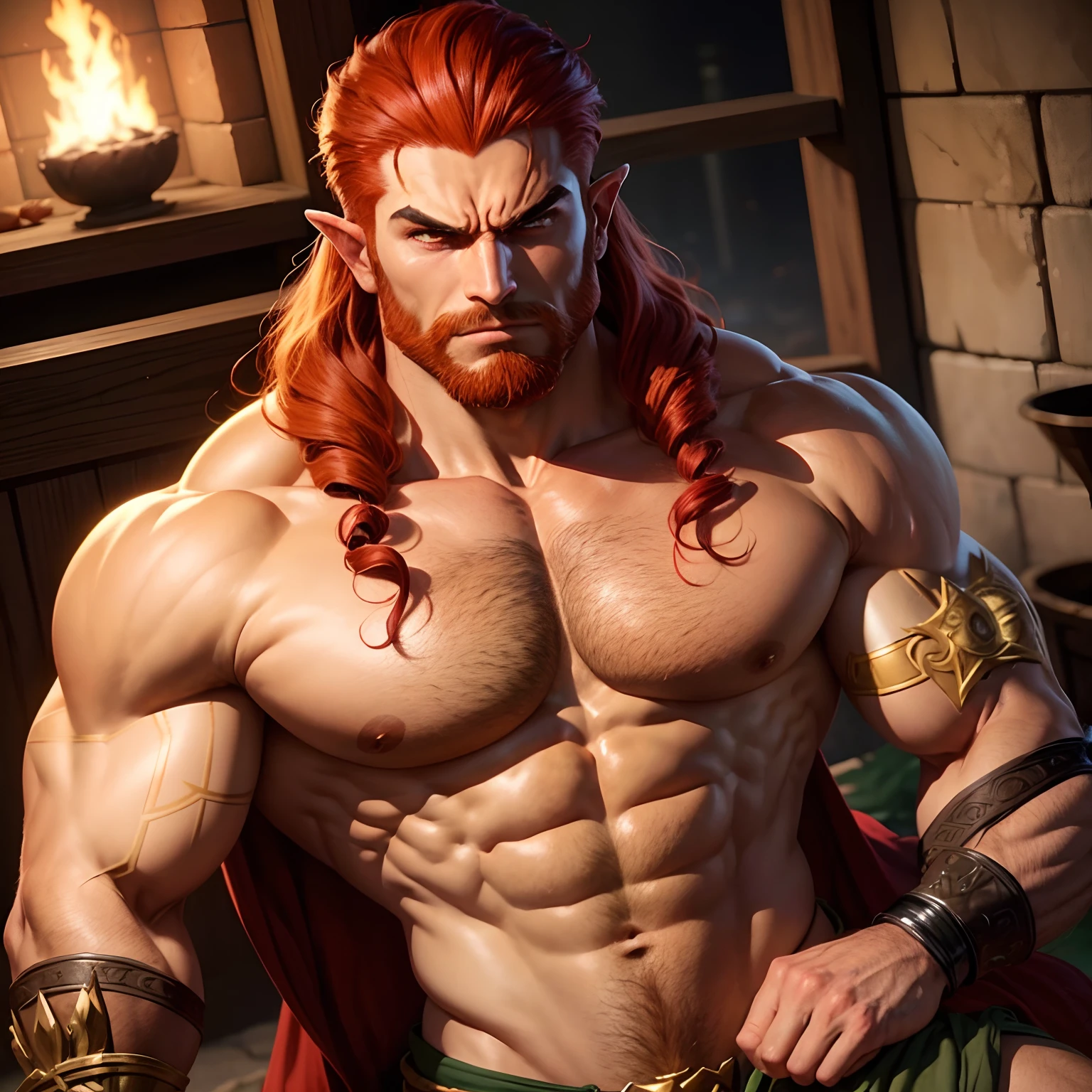 Middle eastern, muscular man, half-man, half demon, green olive skin, bulky, power lifter, desert, grab, bare chest and stomach, ganondorf, fantasy, red hair, red beard jewelry, embracing princess zelda, blonde, embraces him, he looks angry but present with her, fire nearby, war