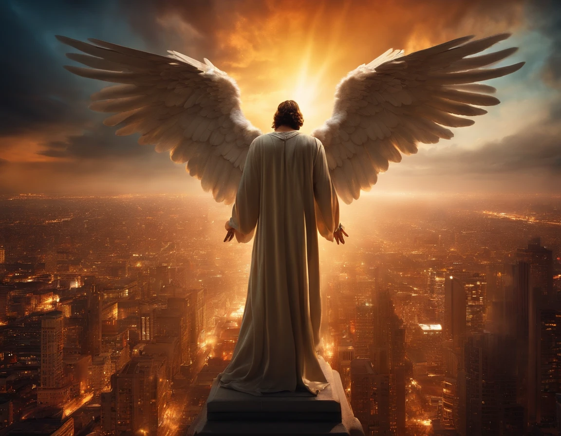 Shining angel with his wings spread over a city with several angels around him