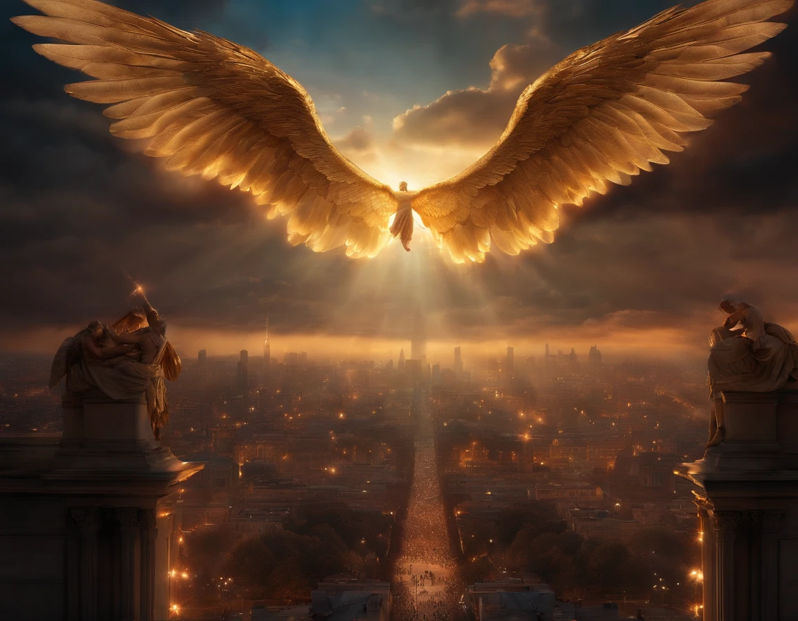 Shining angel with his wings spread over a city with several angels around him