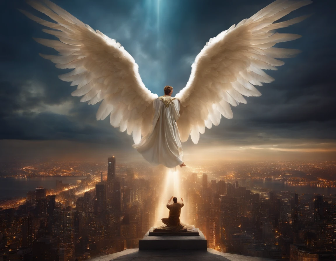 Shining angel with his wings spread over a city with several angels around him