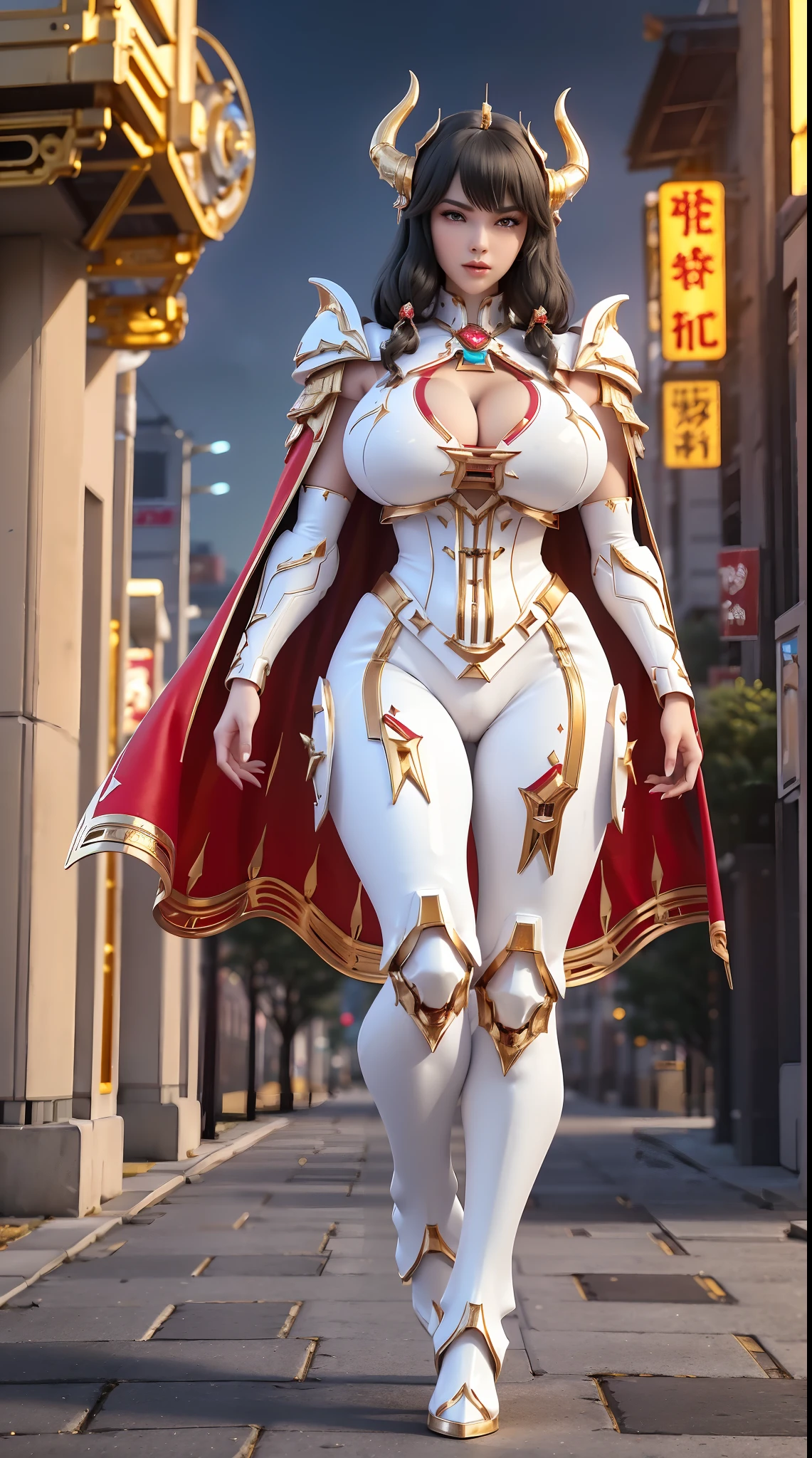 1GIRL, SOLO, (black hair, hair gold ornament), (HUGE FAKE BOOBS:1.3), (white, red, gold, FUTURISTIC DRAGON MECHA ARMOR SUIT, ROYAL CAPE, CLEAVAGE:1.5), (SKINTIGHT YOGA PANTS, HIGH HEELS:1.2), (NSFW GLAMOROUS BODY, SEXY LONG LEGS, FULL BODY:1.3), (FROM FRONT, LOOKING AT VIEWER:1), (WALKING DOWN ON STREET NIGHT CITY:1.3), PHYSICALLY-BASED RENDERING, ULTRA HIGHT DEFINITION, 8K, 1080P.