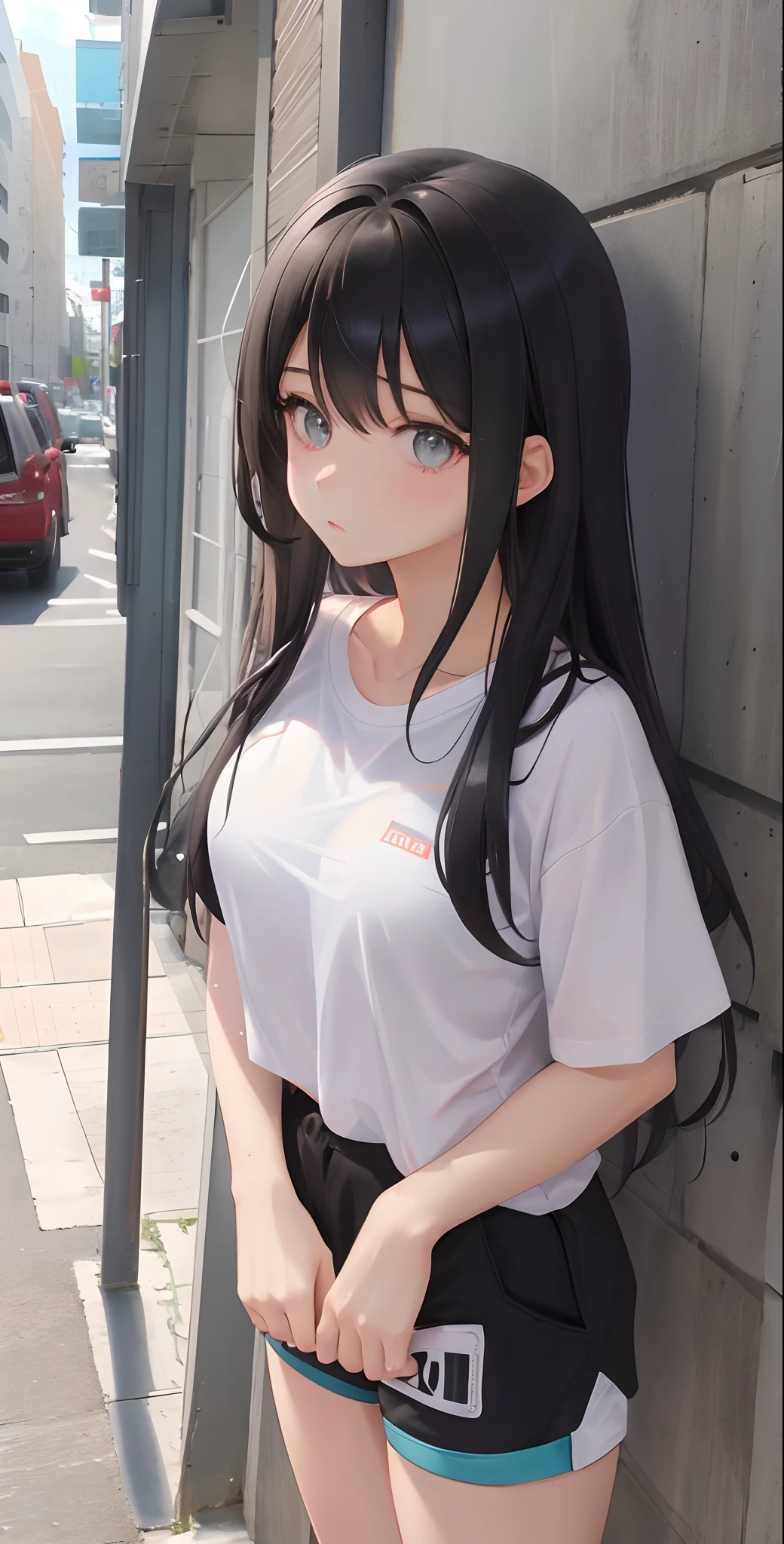 （tmasterpiece，best qualtiy:1.2），（ultra - detailed），Ultra photo realsisim，Full body photo，1girll，cute girly，Childlike big breasts，The height is one meter and five minutes，The upper body is wearing a white T-shirt，Black waist-length hair，The lower body is shorts，Short socks，athletic sneakers