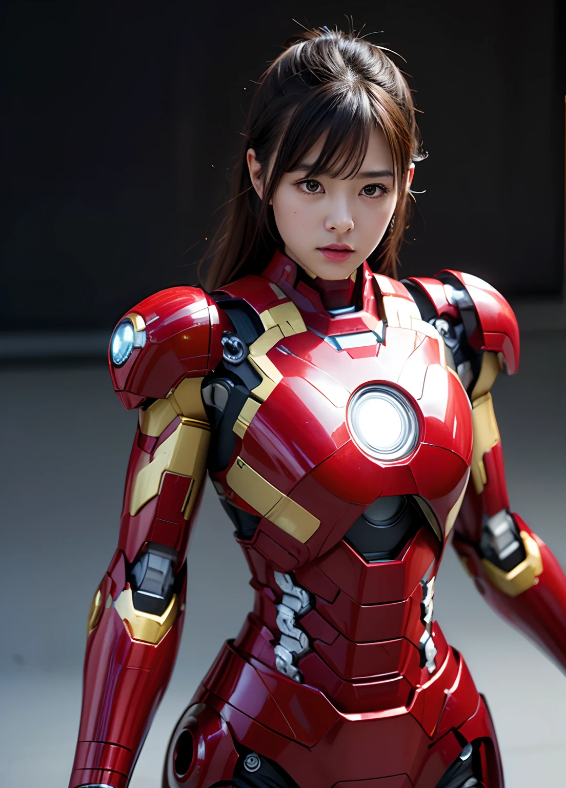 Textured skin, Super Detail, high details, High quality, Best Quality, hight resolution, 1080p, hard disk, Beautiful,(ironman),Girl with a Mecha Body,She wears a beautiful Iron Man mech,Fulll body Shot