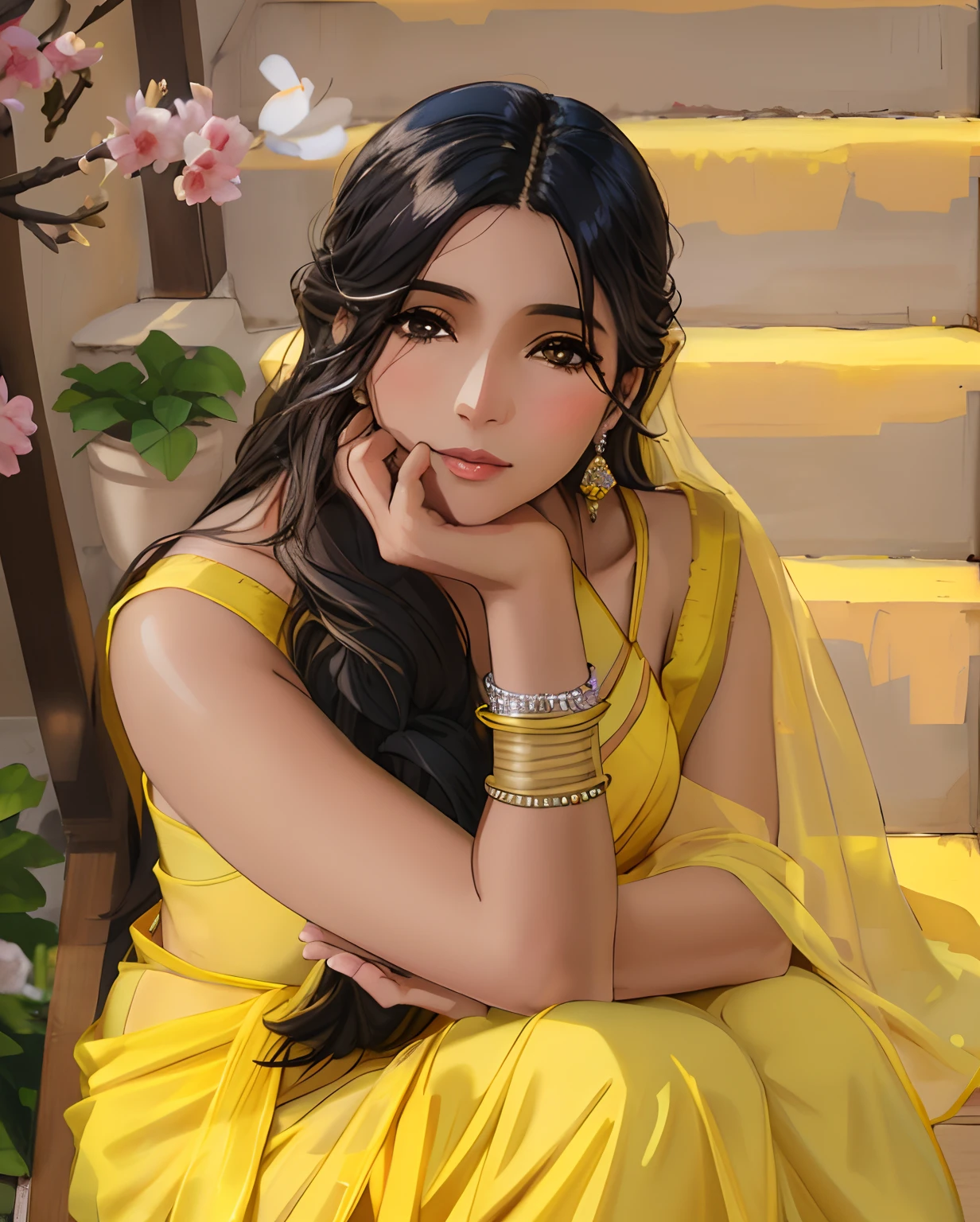 araffe woman in yellow sari sitting on stairs with hand on chin, actress, taken with sony a7r camera, high res, with yellow cloths, taken with sony alpha 9, photo taken with nikon d750, photo taken with nikon d 7 5 0, high quality image, promo image, cute beautiful, shot on sony a 7 iii