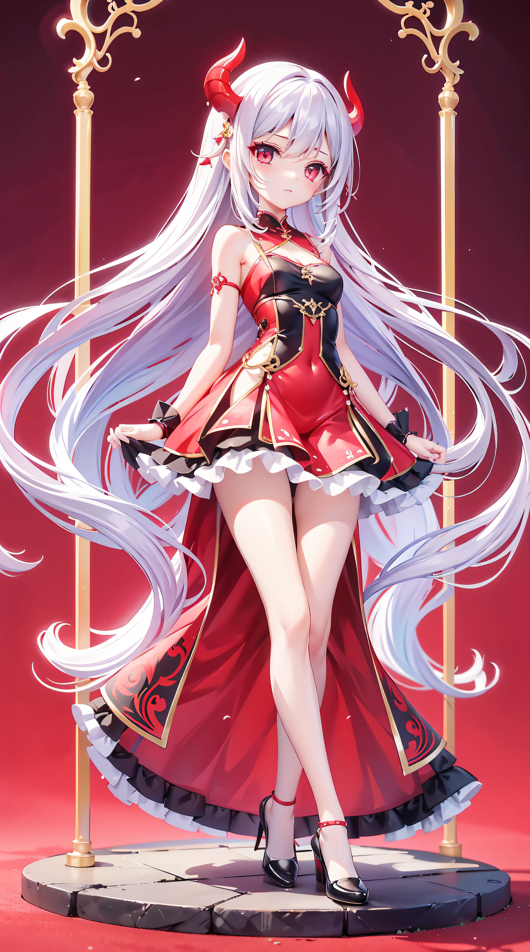 A beautiful and charismatic character,Her appearance is very eye-catching。Has long silky hair,And a pair of big bright eyes,Her face is delicate,It gives a gentle and elegant feeling。Additionally,Hellfire background,Fire red dress,thedemongirl,Hellfire,Dark style,Small leather shoes,The design of this dress is very beautiful,Also suitable for her figure。