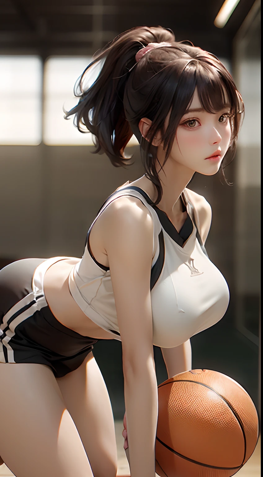 (Raw photo, 4K, masutepiece, High resolution, very intricate) (Realistic: 1.4), Cinematic Lighting 1 Girl, single focus, Summer noon, Hot, 1990's\(Style\), (Best Quality), (hight resolution), (extremely delicate and beautiful),,(Beautiful 8k face),(Brown eyes),( ulzzang-6500:1.0),(Solo),(looking side),(Spectators),(Large breasts),(nffsw),bent over,,Lookside,(Side), ,(Basketball sportswear),((playing basketball)),((Gymnasium)),((velocity)), (reality),