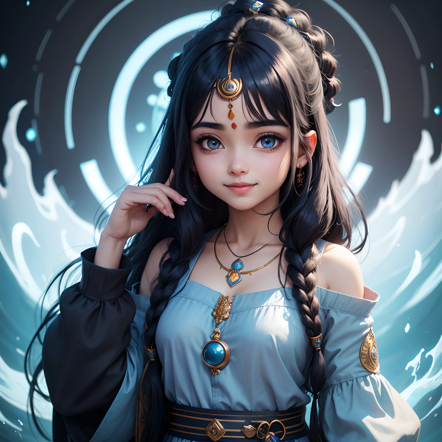 Anime sanatani hindu girl, face: cuteness and smiling with lord Shiva sign on head, eyes: cute and blue colour, clothes: modern clothes blue colour, hair: half black and half blue with best hairstyle, background: dark black, image type: ultra realistic 8k.