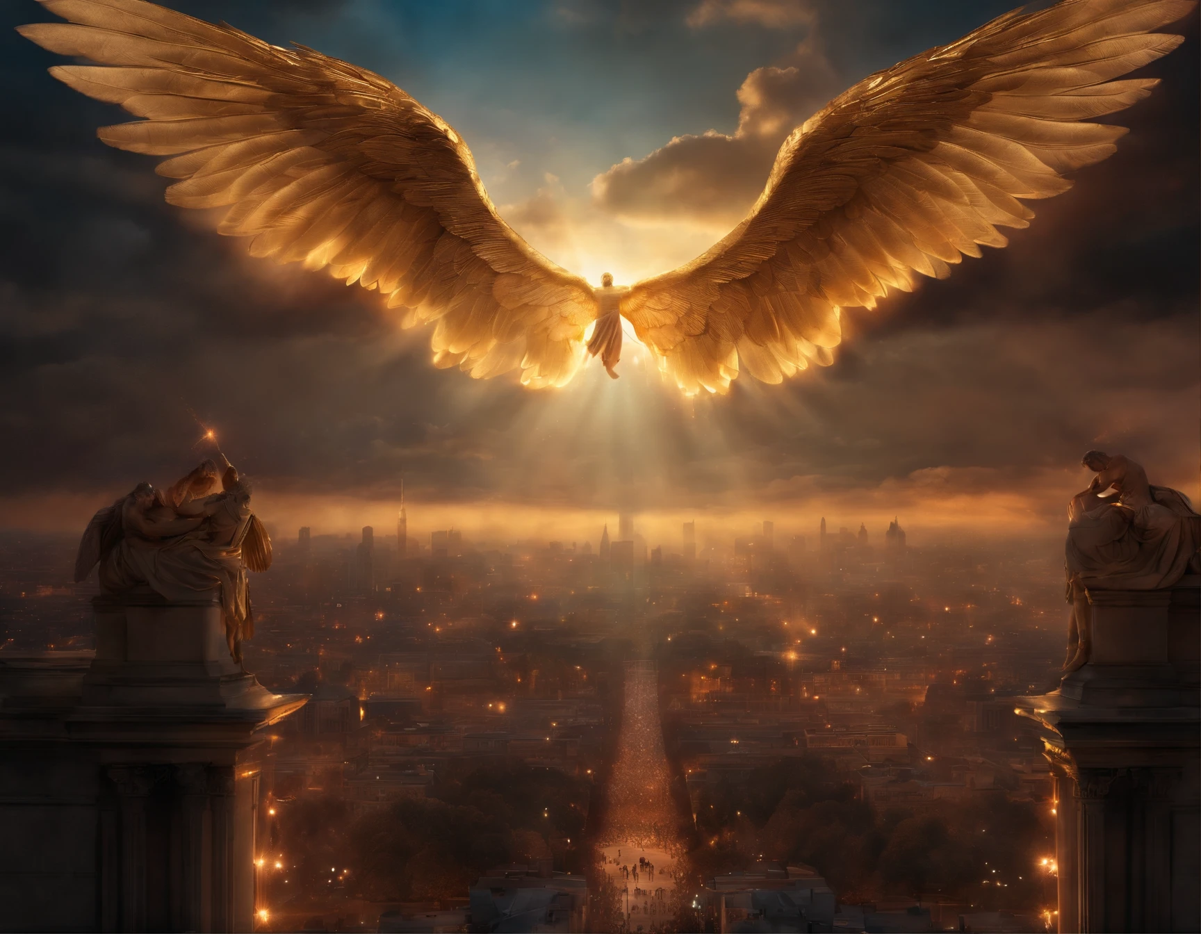 Shining angel with his wings spread over a city with several angels around him