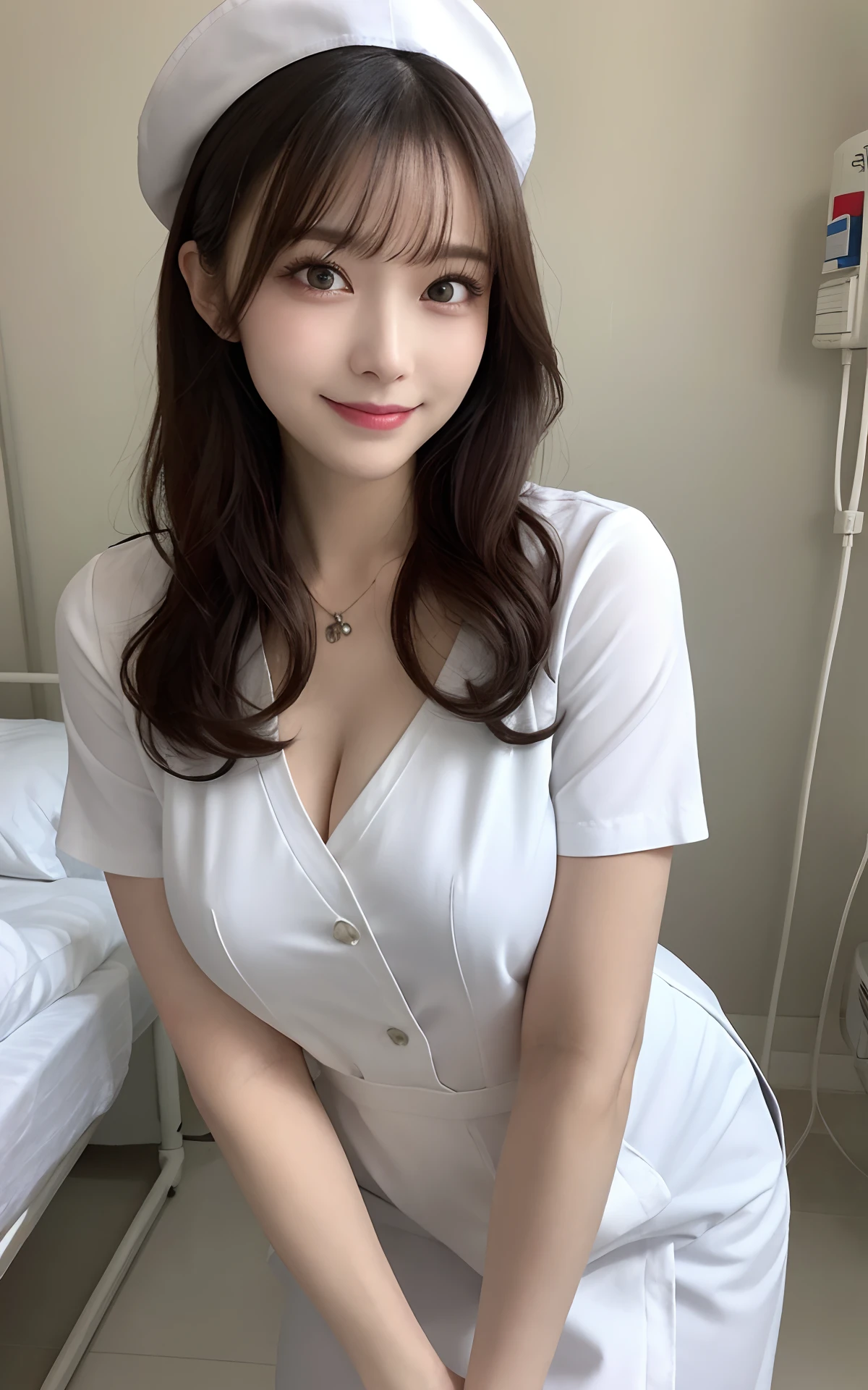 masutepiece, Best Quality, Illustration, Ultra-detailed, finely detail, hight resolution, 8K Wallpaper, Perfect dynamic composition, Beautiful detailed eyes, White nurse attire,Bob Hair, mid-chest, Natural Color Lip, Random and sexy poses,Smile,20 years girl　Colossal tits、Hospital Rooms、Take a photo on the bed