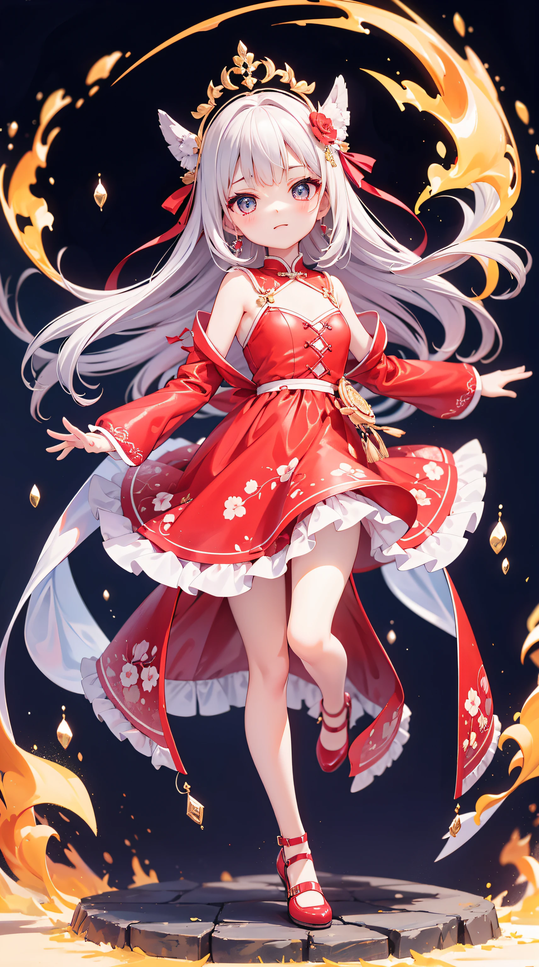 A beautiful and charismatic loli character，Her appearance is very eye-catching。Has long silky hair，And a pair of big bright eyes，Her face is delicate，It gives a gentle and elegant feeling。Additionally，Hellfire background，Fire red dress，thedemongirl，Hellfire，Dark style，Small leather shoes，The design of this dress is very beautiful，Also suitable for her figure。