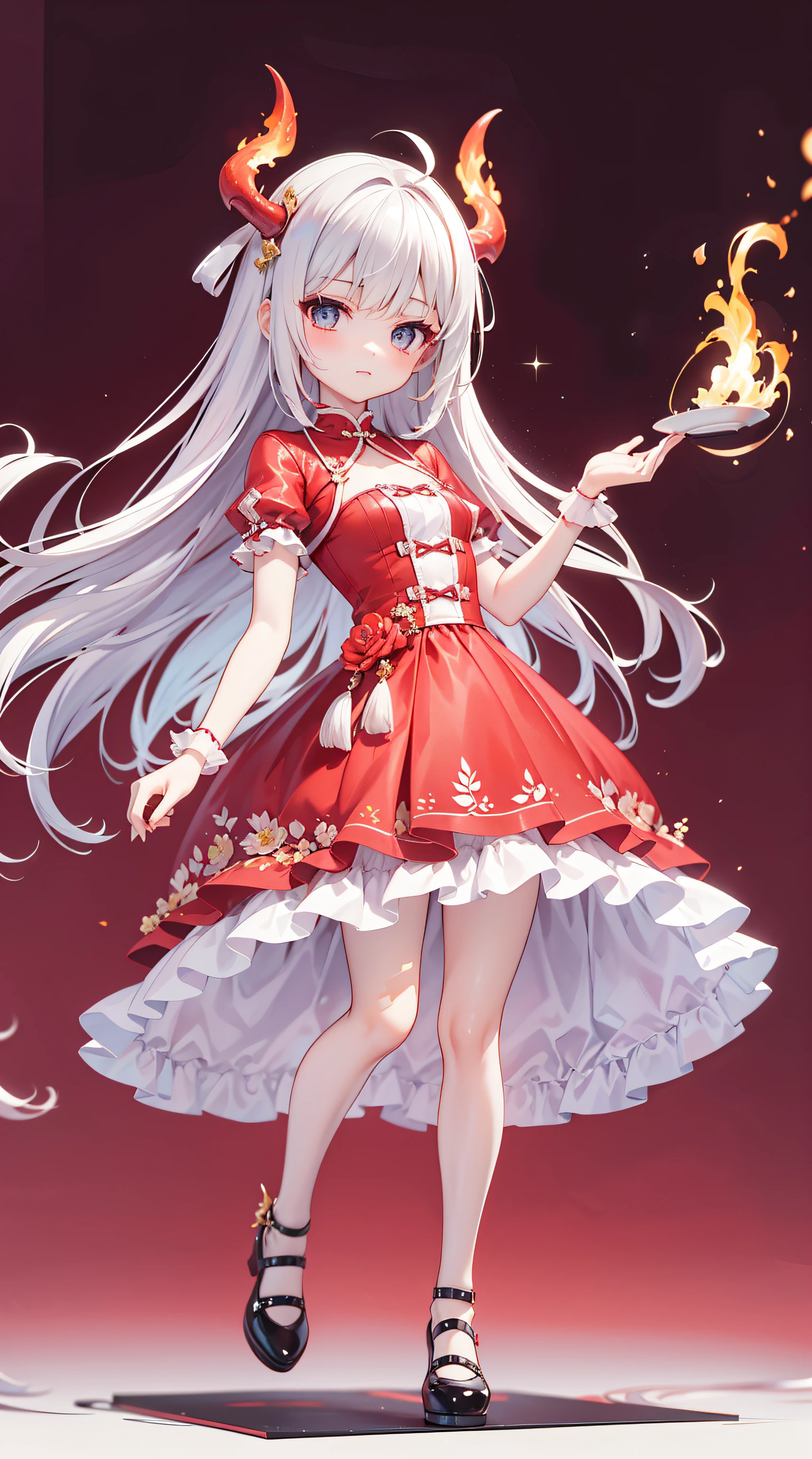 A beautiful and charismatic loli character，Her appearance is very eye-catching。Has long silky hair，And a pair of big bright eyes，Her face is delicate，It gives a gentle and elegant feeling。Additionally，Hellfire background，Fire red dress，thedemongirl，Hellfire，Dark style，Small leather shoes，The design of this dress is very beautiful，Also suitable for her figure。