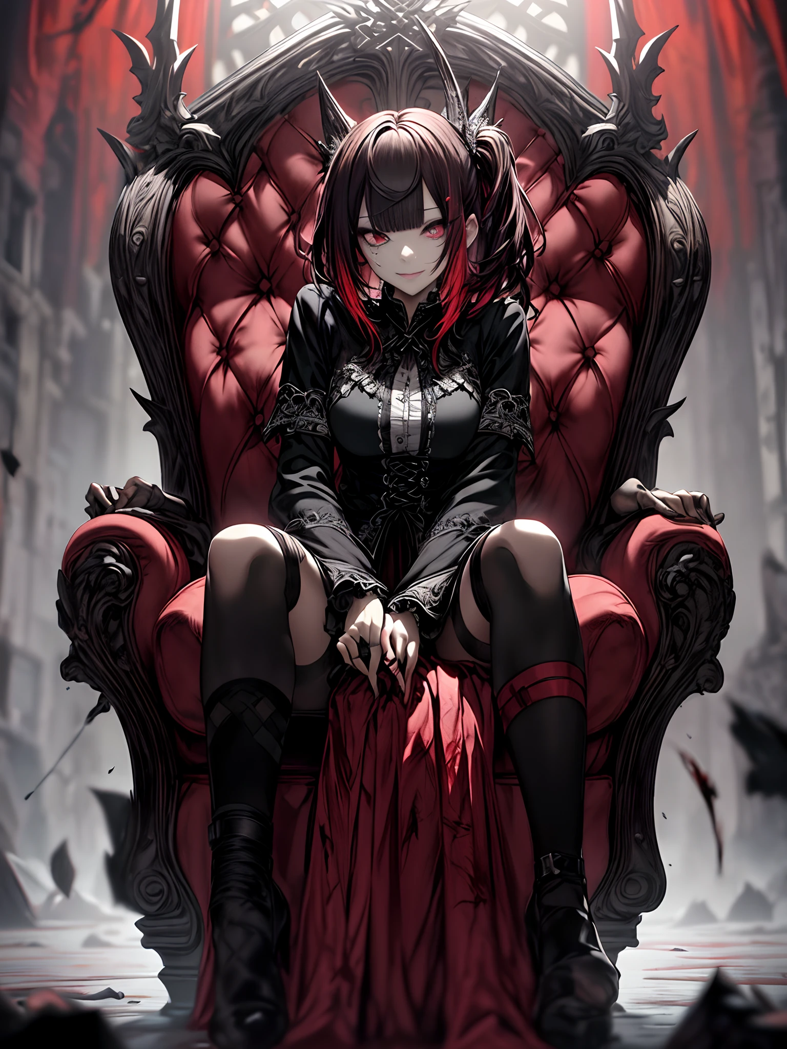 ((best quality: 0.8)), ((masterpiece)), (detailed), 1girl, beautiful face, long, brown, wavy hair, short black dress with long sleeves, black and gray striped socks, black boots , passionate lips, light blush, big breasts, beautiful red eyes, fair skin, skull tattoo, beautiful smile, (glowing eyes: 1.4), (blood face), NSFW
