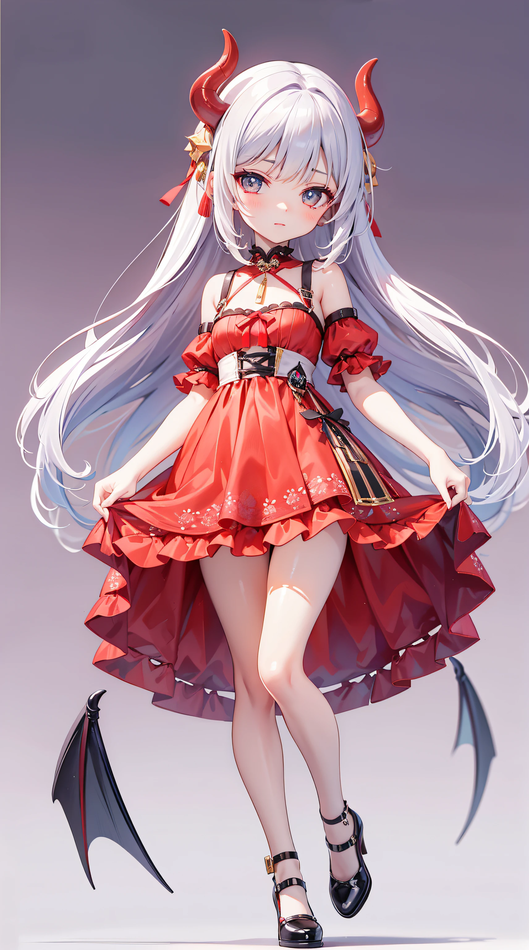 A beautiful and charismatic loli character，Her appearance is very eye-catching。Has long silky hair，And a pair of big bright eyes，Her face is delicate，It gives a gentle and elegant feeling。Additionally，Hellfire background，Fire red dress，thedemongirl，Hellfire，Dark style，Small leather shoes，The design of this dress is very beautiful，Also suitable for her figure。