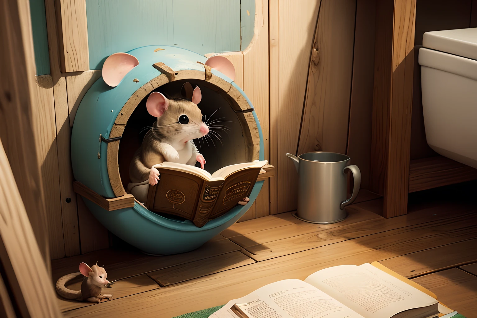 Mouse in a mouse hole in the wall, reading a book while sitting on the toilet