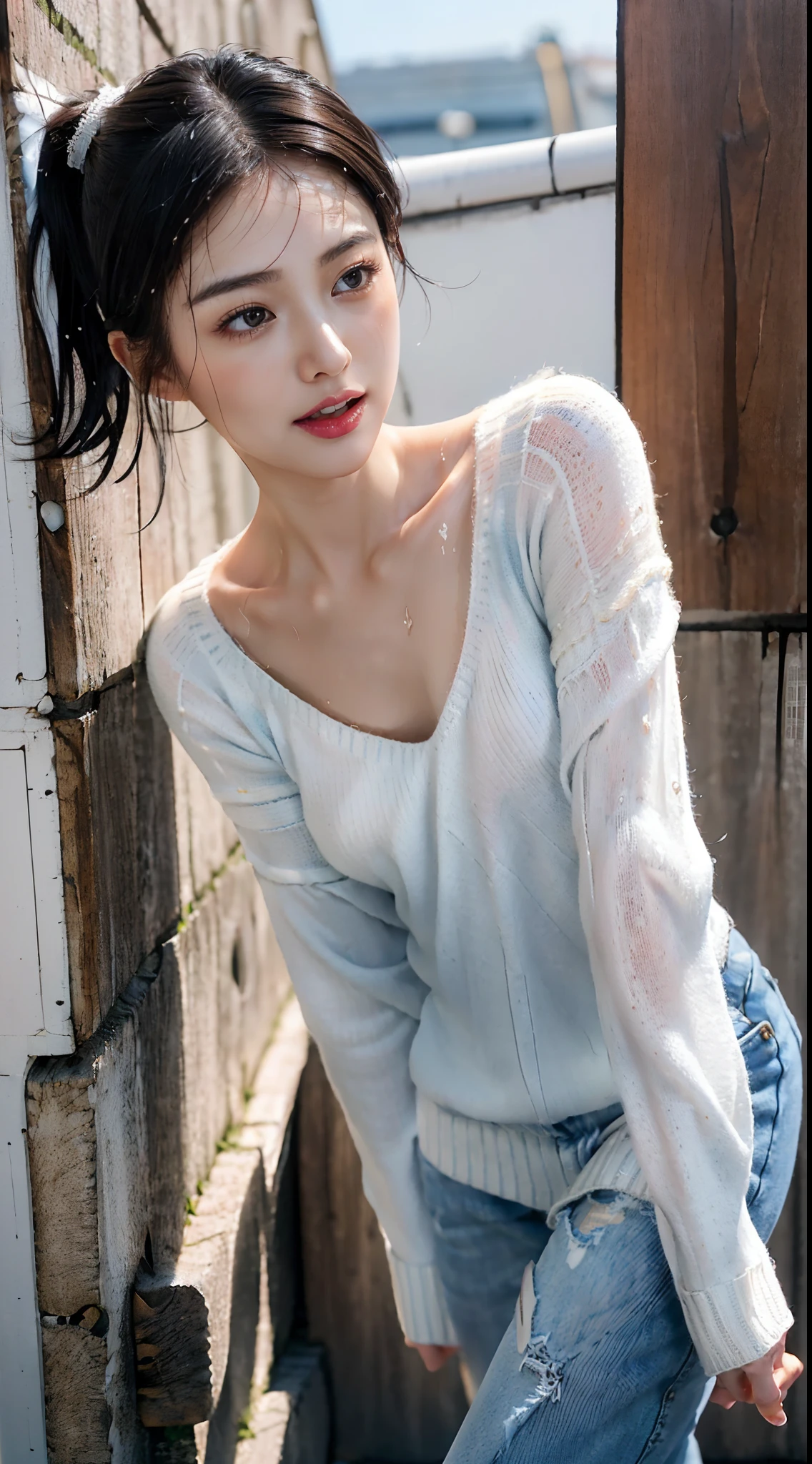 (Small underboob,small heads)), (perfect bodies: 1.1), (shoulder length straight short hair:1.0),(black hair:1.5),(short ponytail:1.2),attractive collarbone,(极其细致的CG 8k壁纸),(Extremely refined and beautiful),(masterpiece),(best qualtiy:1.0),(超高分辨率:1.9）,[A high resolution]，cheerfulness,smile,(Smooth and flawless fair skin:1.5),(shiny skin:1.5),(Exquisite Makeup:1.3),ultra - detailed ，Elongated legs,(Small breasts:1.1),Flat chest,underboob,Slim,emaciated,(white sweater:1.5),(Light blue jeans:1.4),Cleavage,autumn, in residential areas,high-rise residential buildings,in garden,on path,(running:1.5),(Hair flying:1.3),(open mouth:1.2) ,(female orgasmic:1.3), (blush:1.3),(sweat:1.6),upper body,(close shot:1.3),(cowboy shot:1.3),(Passport photo:1.5),morning,(day scene:1.5),bright sunshine,