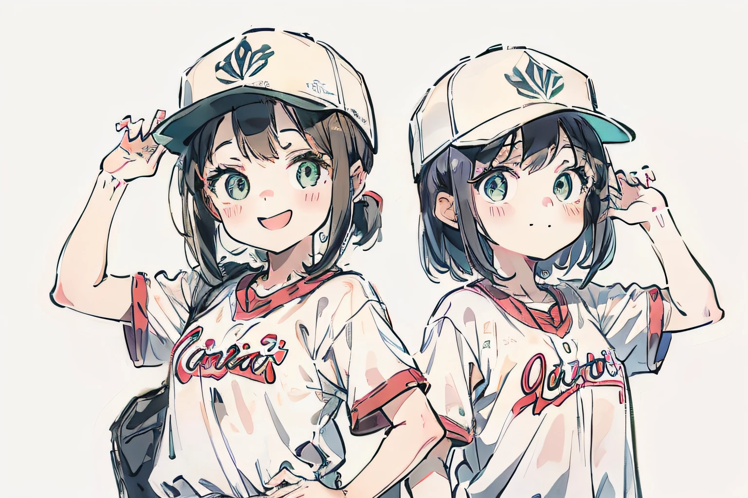 2 、Commemorative photo、Half Up Girl、Bobcat Girl、White Baseball Cap、School gym clothes、A smile、simple background