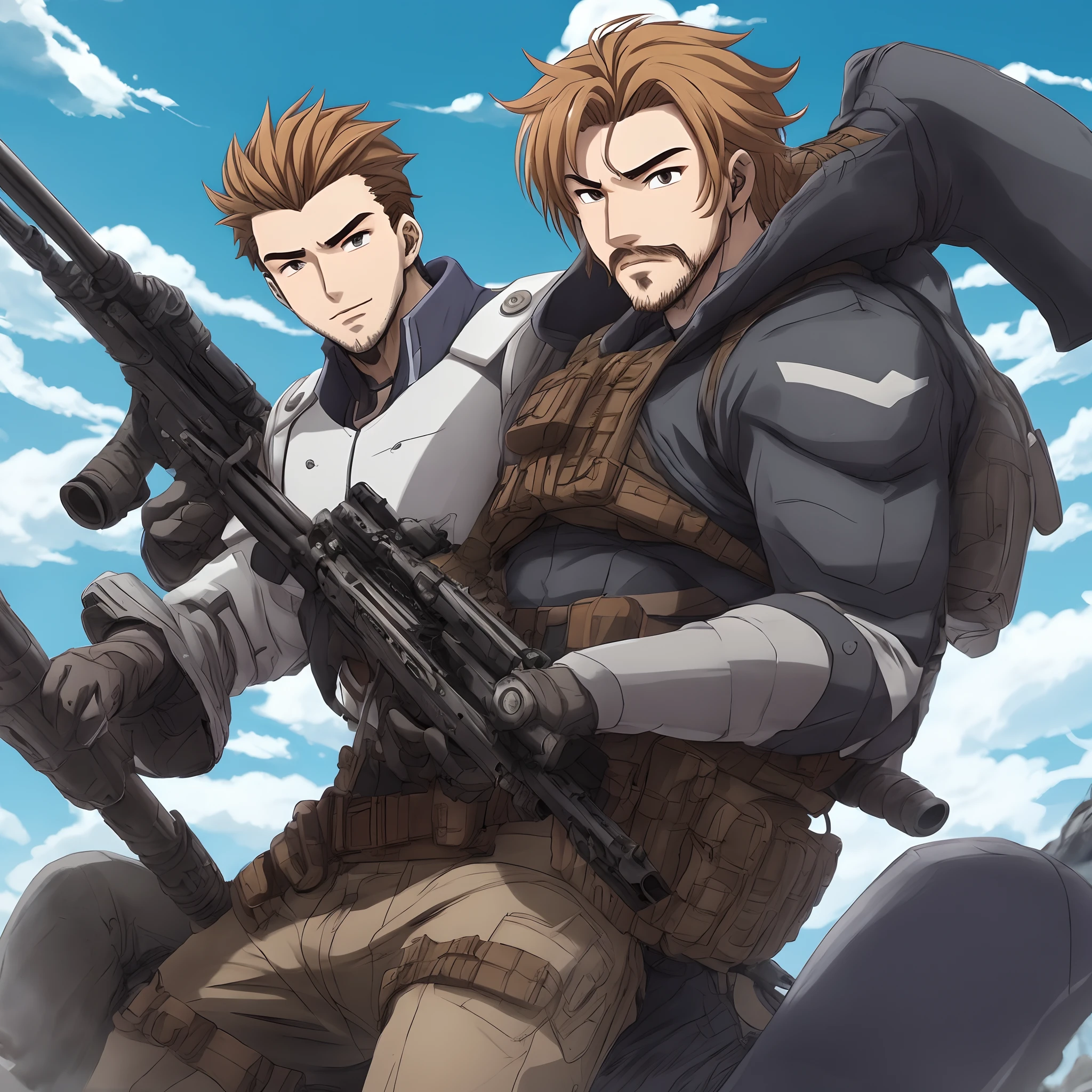 Anime, Homem alto, cavanhaque, linha de frente, Leader, segurando rifle, homem adulto, bigode, cabelo glisalido