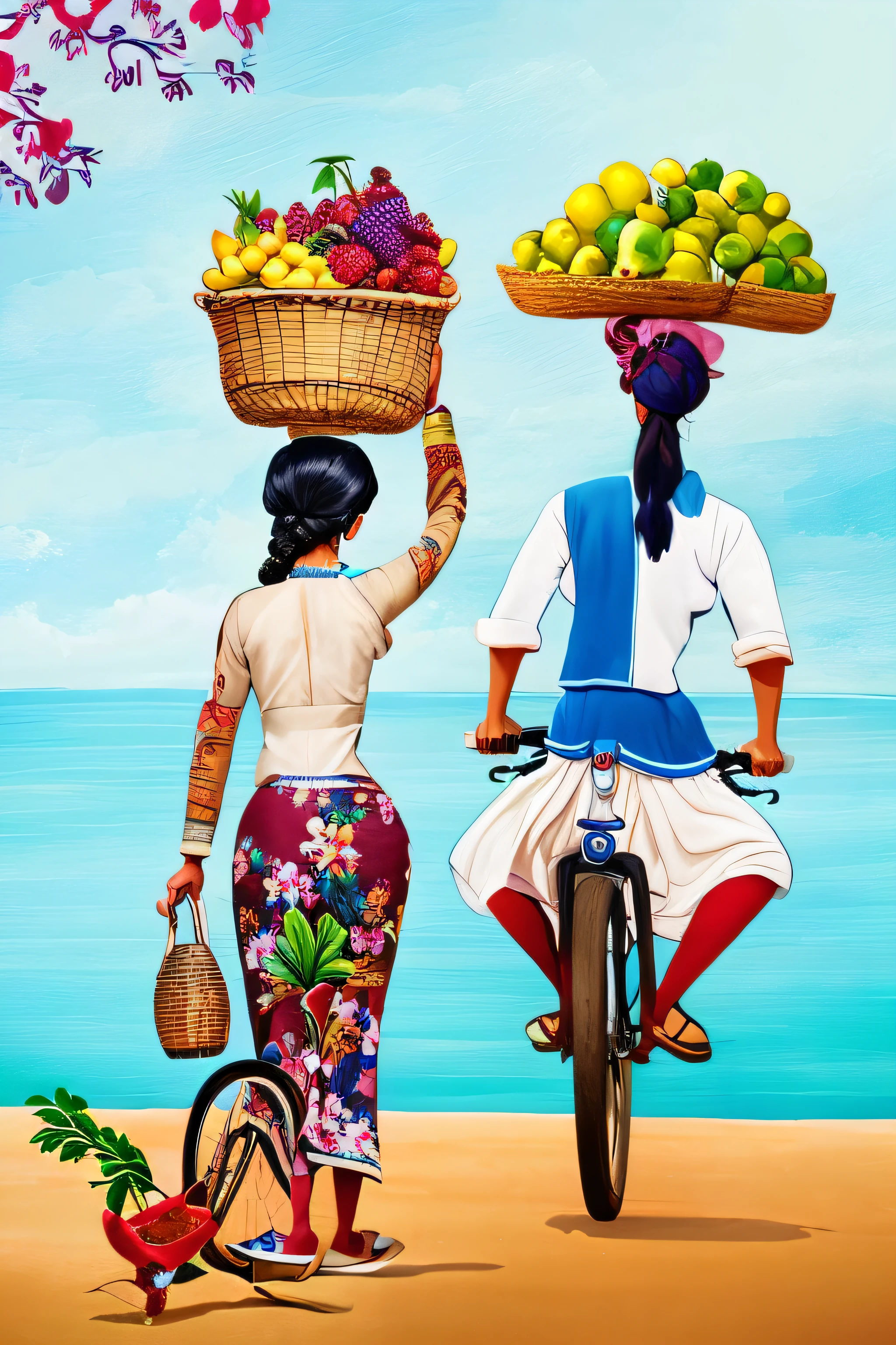 Painting of a woman on a bicycle with a basket of fruit on her head, Os ecos vibrantes do mercado, Directed by: Max Buri, Directed by: Camille-Pierre Pambu Bodo, pintura tradicional, pintura dital, Directed by: Pacita Abad, Directed by: Abidin Dino, por Ingrida Juniper, Directed by: Ruth Jên, por I Ketut sucos