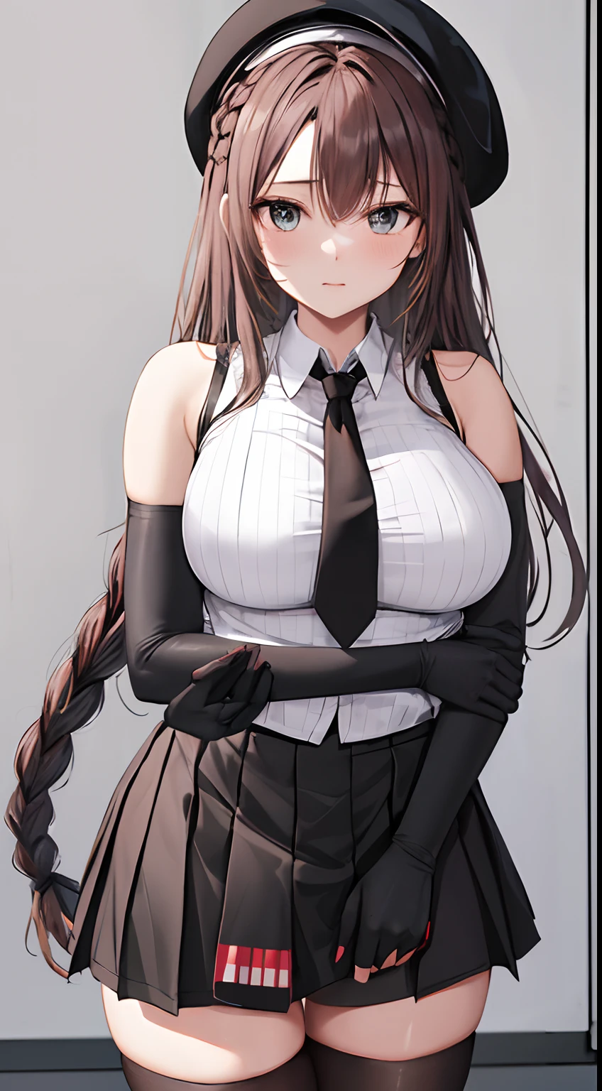 masterpiece, best quality, highres,lilith1, 1girl, solo, braid, hat, beret, elbow gloves, black thighhighs, sleeveless, black gloves, black necktie, sleeveless shirt, large breasts, bare shoulders, pleated skirt, black skirt, white shirt, miniskirt, cowboy shot, standing, outdoors,