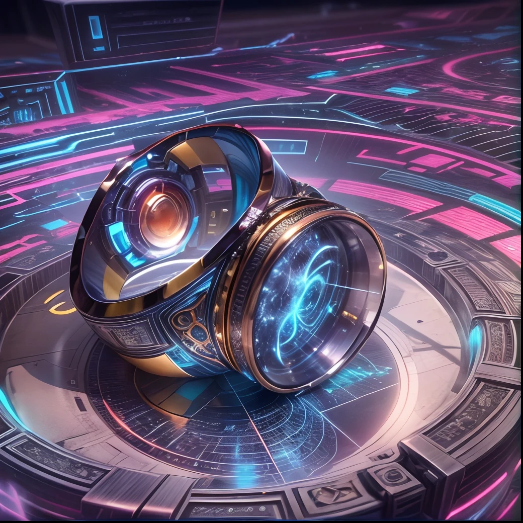 1 object occupies the entire frame,(Nothing but the ring),(No Man), (The planet Cybertron has created a mysterious ring,This is a very technological device,Its construction is very complex,Made from pure Cybertron alloy,Exudes a blue plasma glow,The air around it is illuminated,The ring appears to be able to capture electromagnetic waves between the stars,It gives it extraordinary power。The appearance of the ring is also very dazzling,The surface is covered with mysterious symbols and bizarre geometric figures,It is like a bridge to the unknown world,To make this ring even more mysterious,It also has a crystal composed of mysterious energy attached to it,Flashing with irregular light,It is as if one sees another unknown universe。The true mystery of the whole ring will be revealed in the hands of those who hold it,This cybertron ring is a perfect combination of art and technology), Simple magic background,Colorful colorful, luxury goods,Positive image, product-view, 独奏, Ballpoint pen stroke,(tmasterpiece), high qulity,1.4 times real