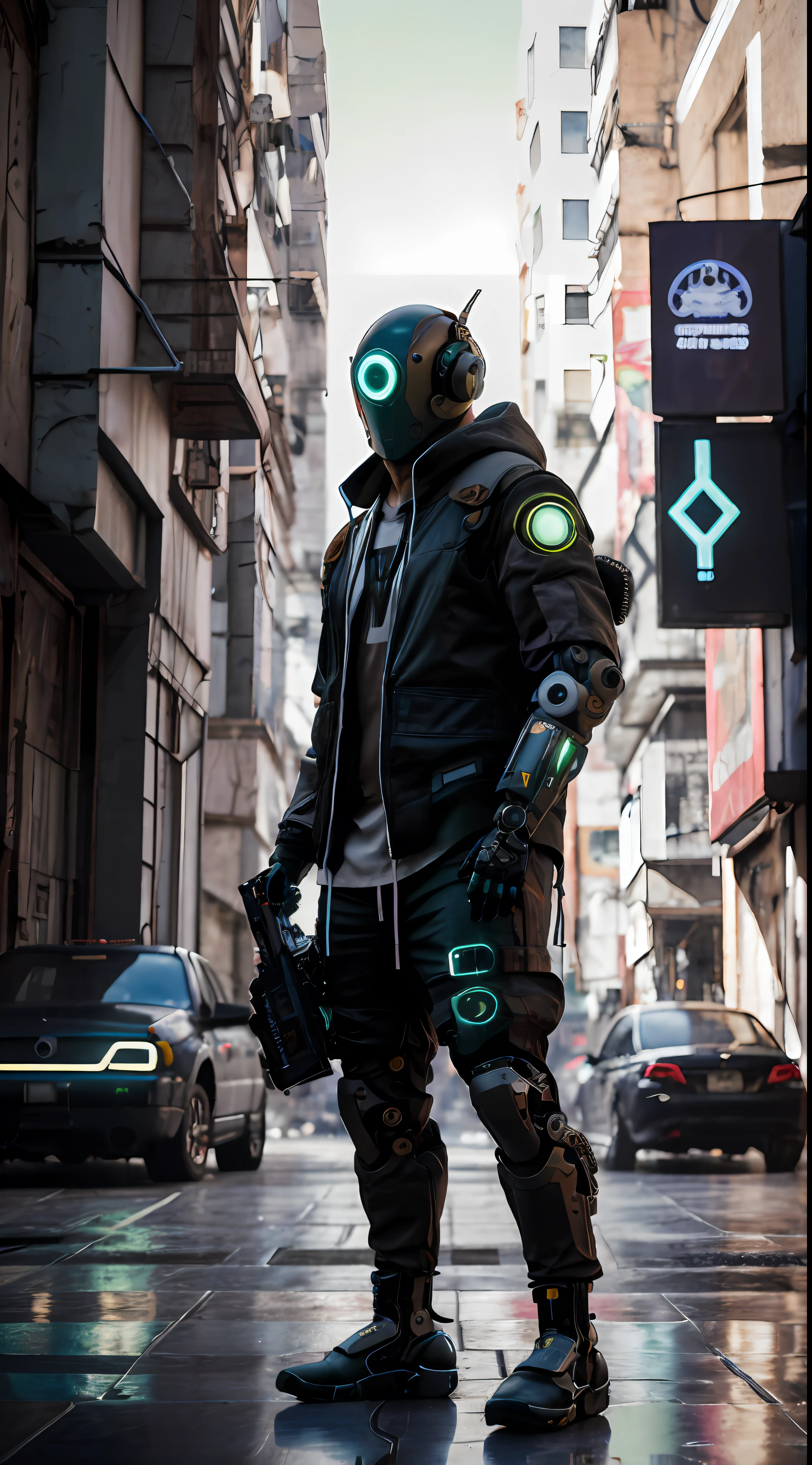 masterpiece, realistic dslr photo de vaquero mecha, con un traje negro y verde con una mochila, Cyberpunk asymetric Streetwear, Traje oversized cyberpunk, cyberpunk street goon, Uso cyberpunk, Techwear cyberpunk, Estilo cyberpunk silenciado, Lleva ropa de calle futurista estilo  cyberpunk, Soldado cyberpunk del futuro, mercenario futurista, ambiente callejero, peligroso, ghetto, Estilo cyberpunk hiperrealista, japones, ronin,  Toda la ropa negra holgada, capucha del hoodie sobre el cibercasco,  crow in cyber armour, brazos mecanicos, brazos roboticos, cyborg, cibercasco HUD, tecnologia avanzada, alta tecnologia. futurista, imponente, agresivo, ropa desgastada, intimidante, musculoso, octane render, 4k, maya, substance, iluminacion cinematica, sci-fi scene, mejor calidad, hdr, autofocus, toma nitida, luz del atardecer, misterioso mercenario cyborg del futuro cyberpunk, dramatico, intrincado, no hay humanos, robotic, cyborg, mercenario, cibercasco, chupas!,