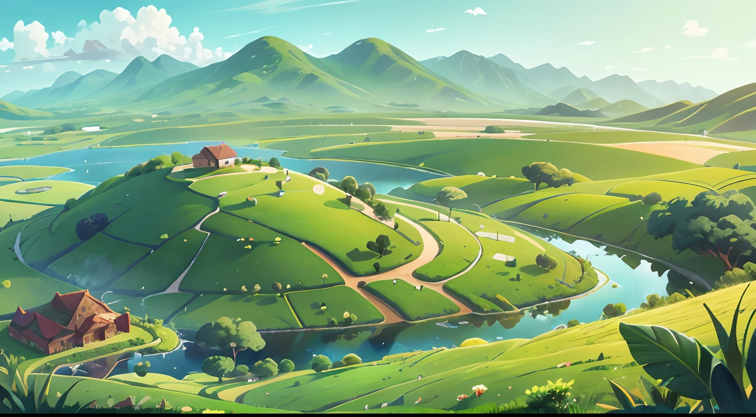 Image of an immensity of green fields, uma fazenda, Highlighting the exuberance of nature and a lake .