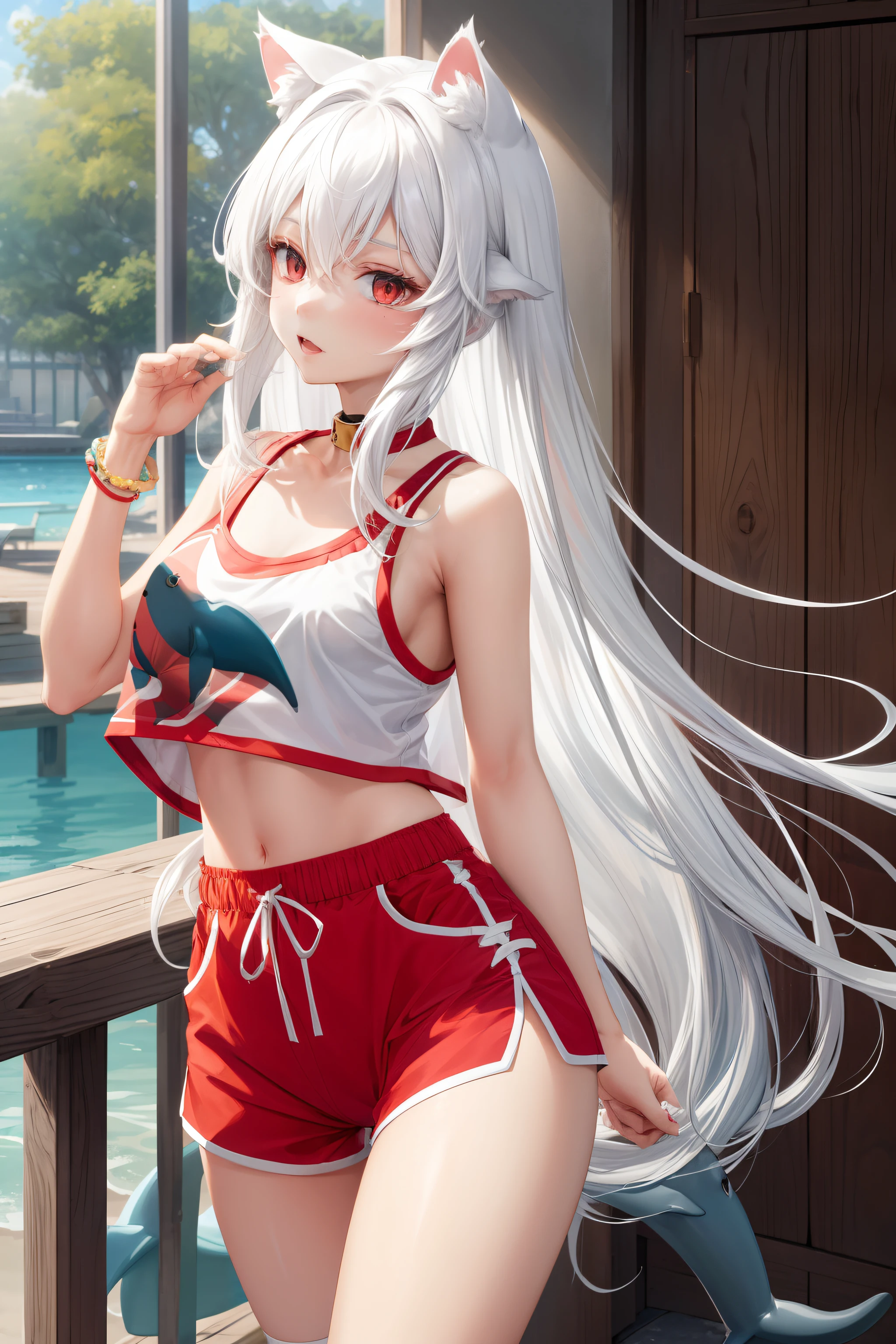 1girl, dolphin shorts, long hair, red shorts,, masterpiece, best quality, highly detailed, white hair, cat ears