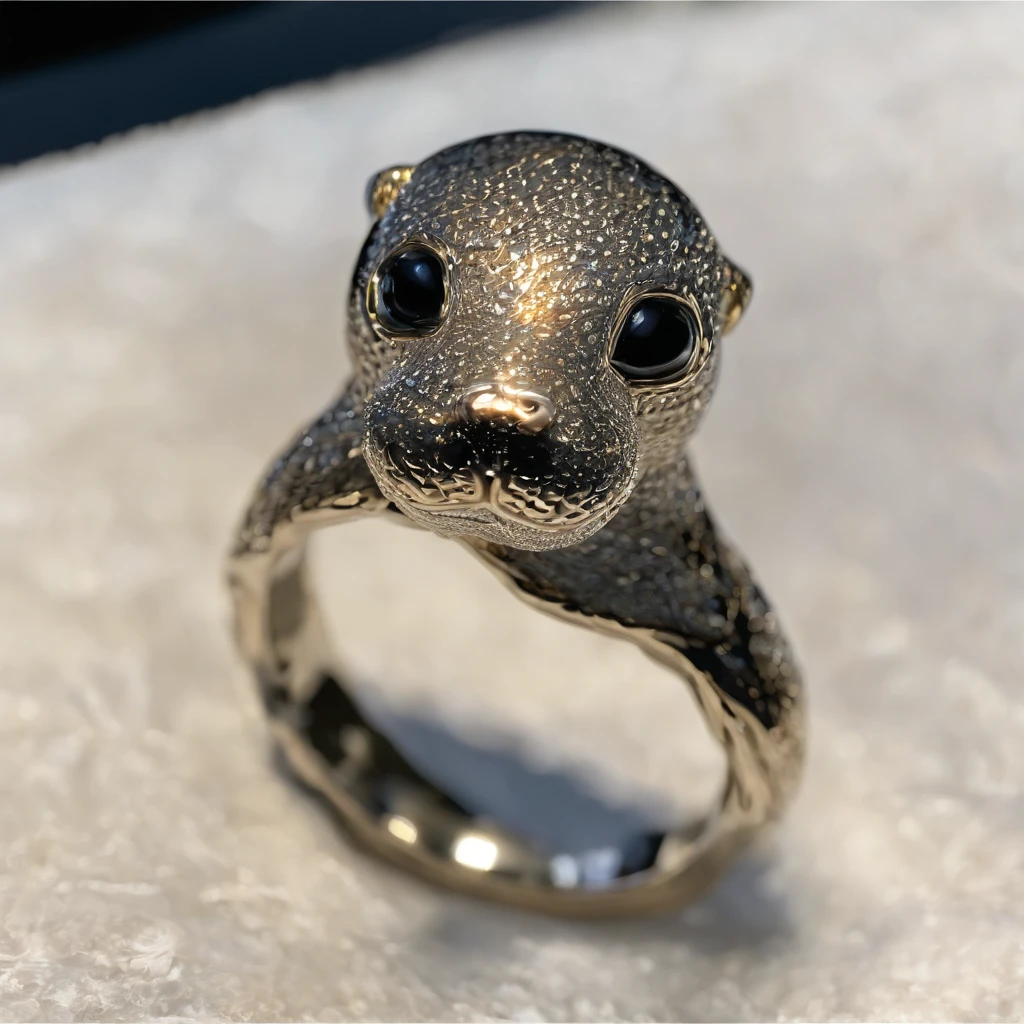 （Close-up of small sea otter-shaped ring gravel opal ring：1.2）, （Cute sea otter eyes and mouth），A set of limbs full of detail，（Professional Bezel Settings）Abundance of jewelry, Platinum and gold thread，Cute shape，Live Action，Black gold，real picture，high-detail