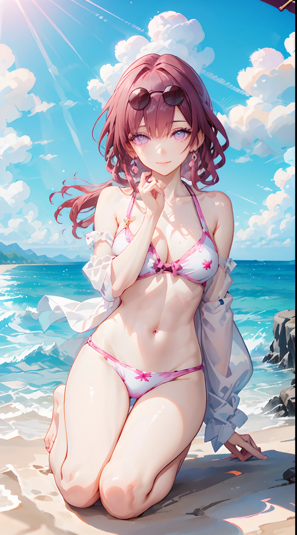 (best quality,ultra-detailed:1.5),(Detailed eyes:1.5),beach, waves, sandy shore, summer, sun, palm trees, seagulls, bikini, sunglasses, sea breeze, bright colors, joyful, relaxed, wide smile, playful, happy posture, ocean view, tropical, vibrant, anime style,BREAK,Mountains are in the background,Purple hair, (pink eyes:1.2).