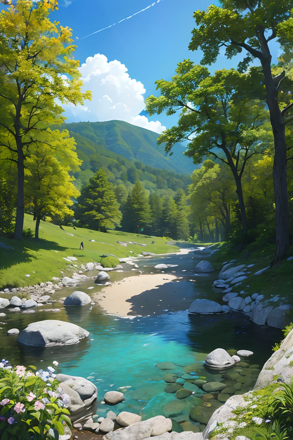 (Masterpiece, Best Quality, High Quality, Highres:1.4), Detailed, Extremely Detailed, Ambient Soft Lighting, 4K,
Outdoors, (Nature, Oak Forest:1.2), (Rocks:1.2), Mountais, Flowers, Plants, small river, birds and squirells, butterflies