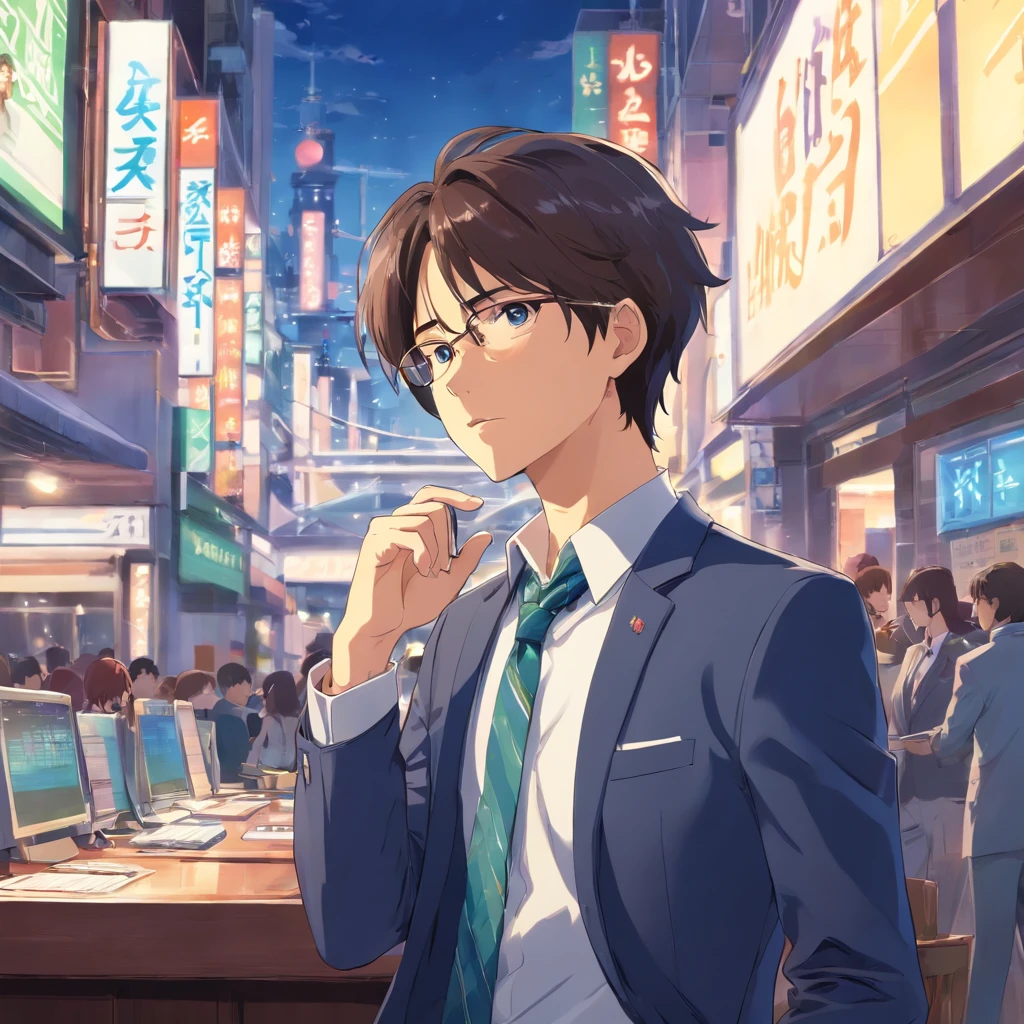 (masutepiece)), (((Best Quality))), ((Ultra-detailed)), 1 male,Web Writer,japanes,I'm using a MacBook,Suit is coming