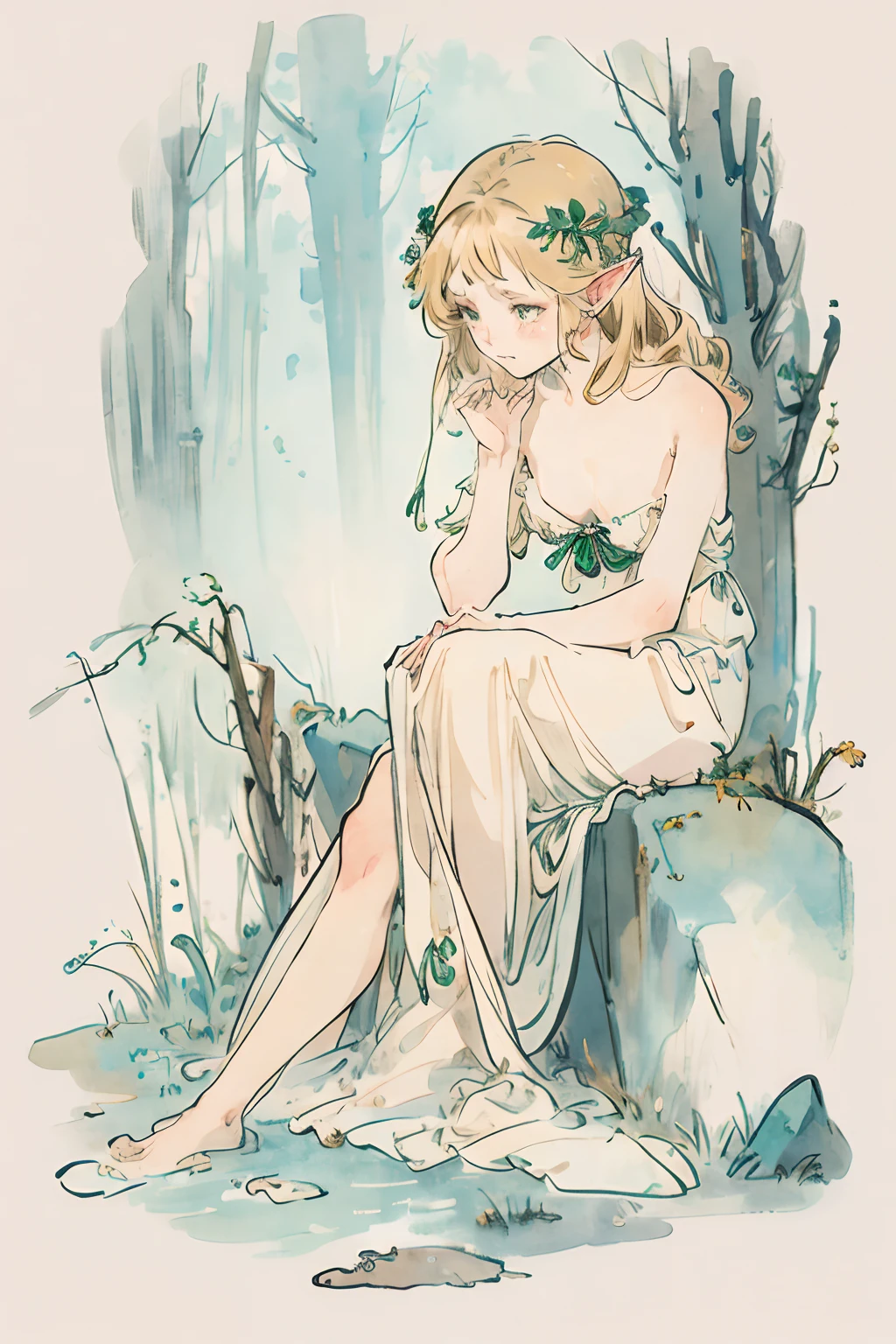 SFW,masutepiece, Best Quality, High resolution, 1girl in, Full body, Details Girl, detail hands, Detail fingers, Detail Face, detail legs, 1girl in, elf, Looking down, watercolor paiting, pale skin, Petite, Blonde hair, Long hair, Wavy Hair, saddened, mournful cry, Green eyes, tareme, medium breasts, white sundress, Bare back,girl apologize,sorry,in graveyard