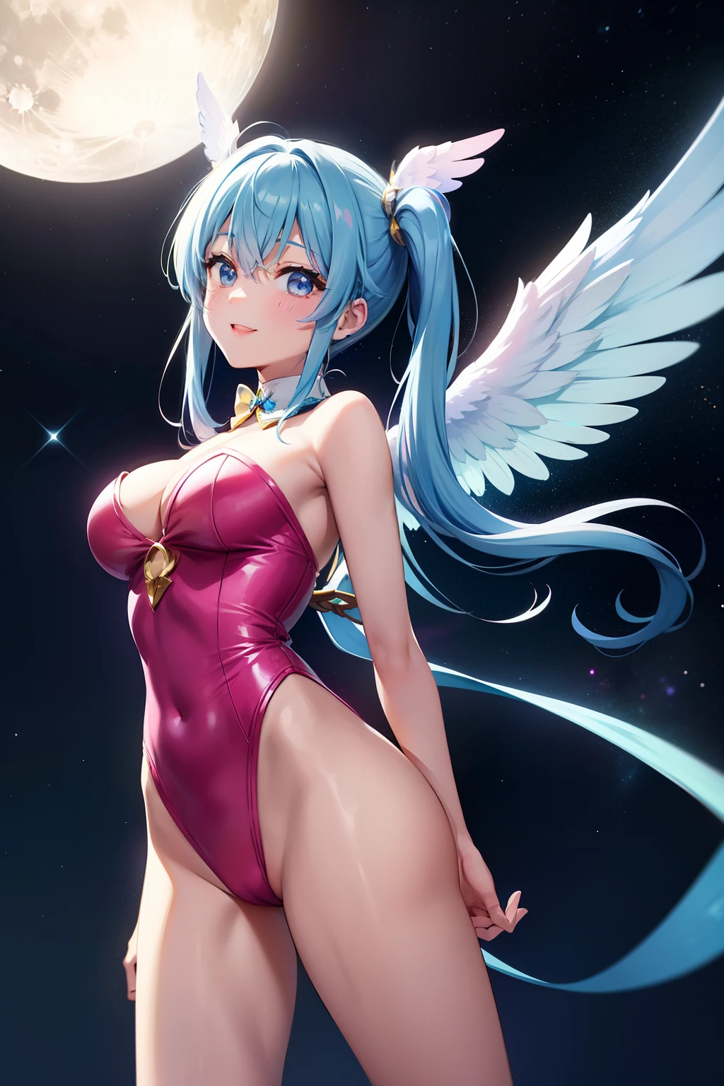 Super Idol a beauty girl A charming smile sky blue hair length hair Twin-tailed Glittery bright pink and white and blue and yellow leotards facing front 7 colors of angel large wings on the back Mystical Fantasia constellation a moon Crystal Brilliance Aurora Borealis in the Night Sky