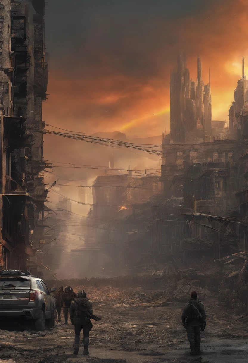 Rainbow, rainbows, city, city on fire, orcs, crowd of orcs,