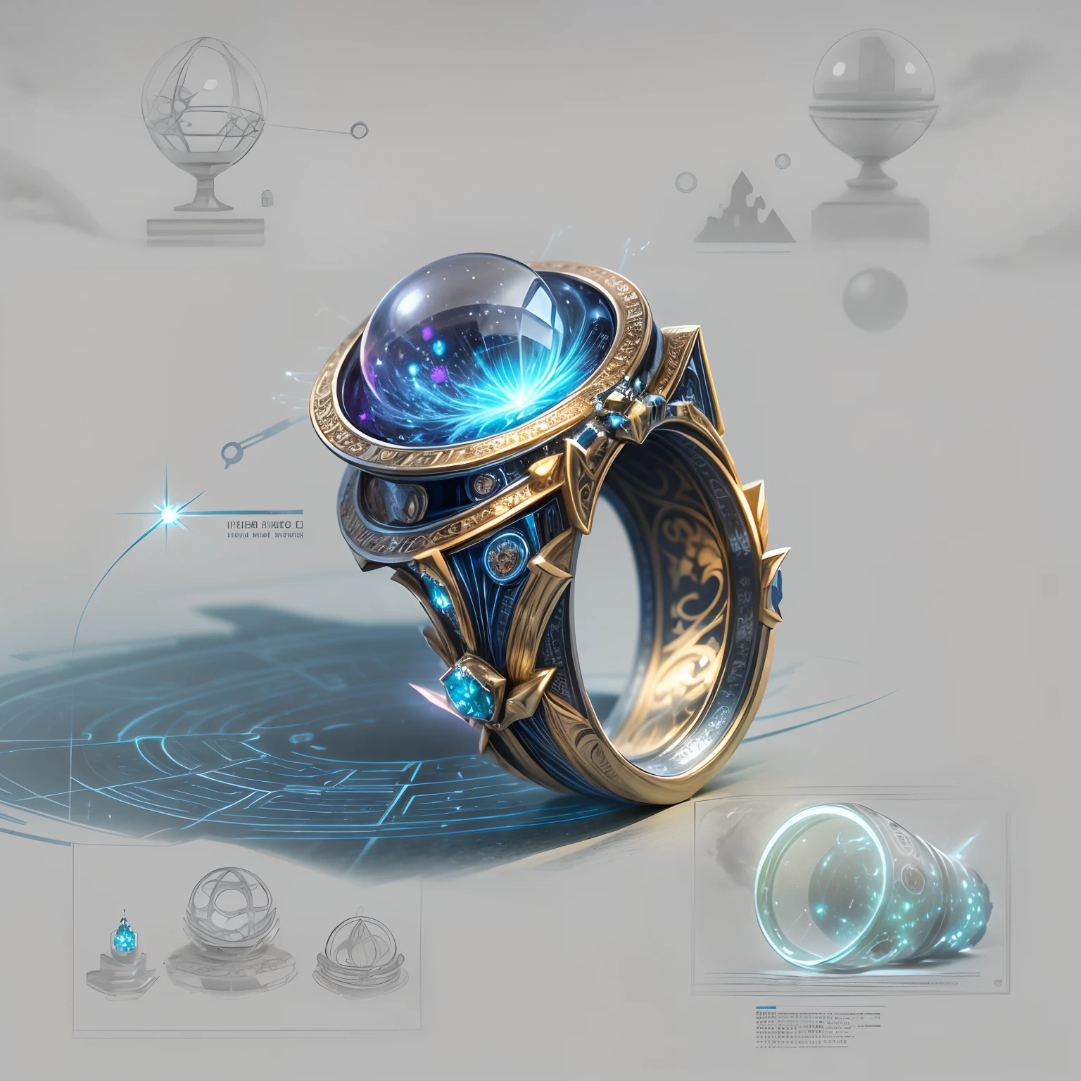 1 object,(Nothing but the ring),(No Man), (The planet Cybertron has created a mysterious ring,This is a very technological device,Its construction is very complex,Made from pure Cybertron alloy,Exudes a blue plasma glow,The air around it is illuminated,The ring appears to be able to capture electromagnetic waves between the stars,It gives it extraordinary power。The appearance of the ring is also very dazzling,The surface is covered with mysterious symbols and bizarre geometric figures,It is like a bridge to the unknown world,To make this ring even more mysterious,It also has a crystal composed of mysterious energy attached to it,Flashing with irregular light,It is as if one sees another unknown universe。The true mystery of the whole ring will be revealed in the hands of those who hold it,This cybertron ring is a perfect combination of art and technology), Simple magic background,Colorful colorful, luxury goods,Positive image, product-view, 独奏, Ballpoint pen stroke,(tmasterpiece), high qulity,1.4 times real