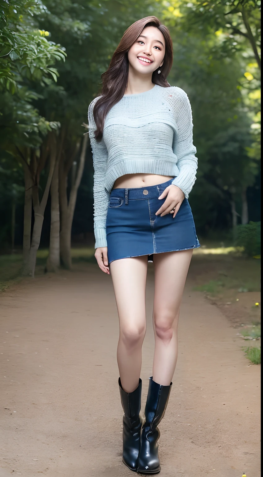 8K, masutepiece, Raw foto, Best Quality, Photorealistic, Wallpapers with extreme details CG Unity 8K, depth of fields, Cinematic Light, lensflare, Ray traching, (Extremely beautiful face, Beautiful lips, beautidful eyes), intricate detail face、 ((Ultra Detail Skin)) 1girl in, (Korean model Kim Daun, Dhoni), (Korean model Kim Daun, Dhoni), (Korean model Kim Daun, Dhoni), (Korean model Kim Daun, Dhoni), (Korean model Kim Daun, Dhoni),1 girl, ((look up at viewer)),(huge smile:1.3), (blured background), A glimmer of light), (No people in the background.:1.3), Beautiful earrings, Clear eyes, Front shot, (pale-skinned), (Big eyes), (Big eyes) (Big eyes), (Big eyes), (Big eyes), Facing forward, (Full body shot), (ligh brown hair), Open the navel............, (look up at viewer:1.3), small hips, small hips,small hips, a slender waist, small hips, ((wide open abdomen))、((open abdomen))、((wide open navel))、((open navel))、((Bare belly))、((Mid-Riff Sweater))、((Ultra-low rise、Denim Mini Skirt))、 ((Navel Ejection))、((small hips))、((Full body depiction))、((small hip))、(long boots)、((Ultra-low rise))、((Denim Mini Skirt))、((is standing))、(tiny chest)