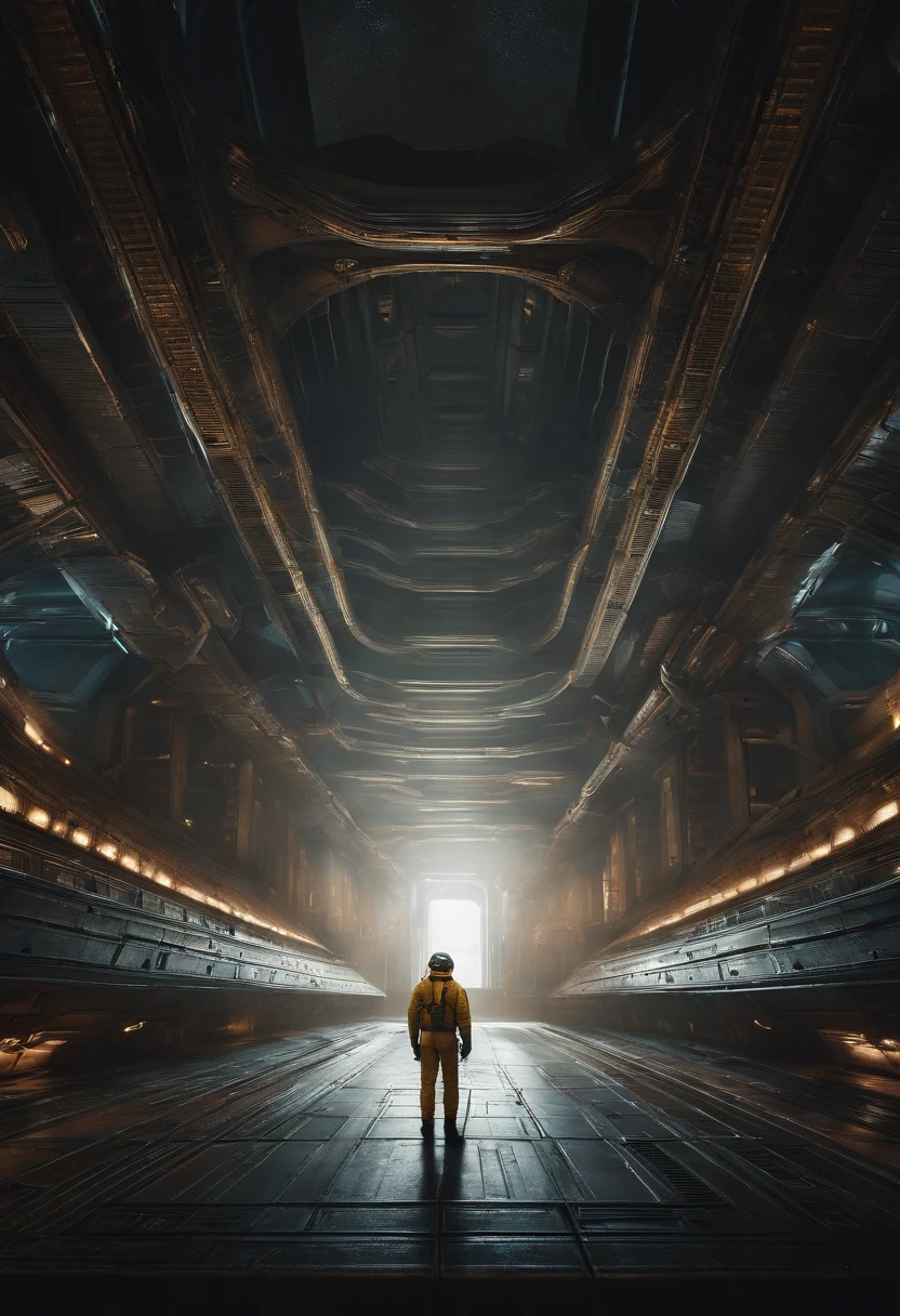 a small figure of a man in a giant huge gloomy spaceship hall in the style of the movie aliens