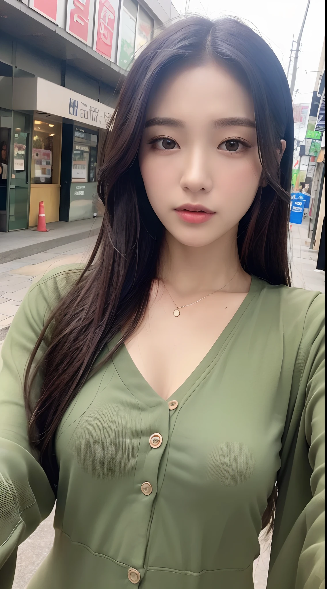 ((best qualtiy, 8k, tmasterpiece:1.3)), sharp:1.2, perfect figure beautiful woman:1.4, Slim abs:1.2, ((Layered Hair Style)), (Long shirt with wet white buttons:1.1),(Sateen,the street:1.2),Highly detailed facial and skin texture,A detailed eye,二重まぶた,Look sideways at the camera