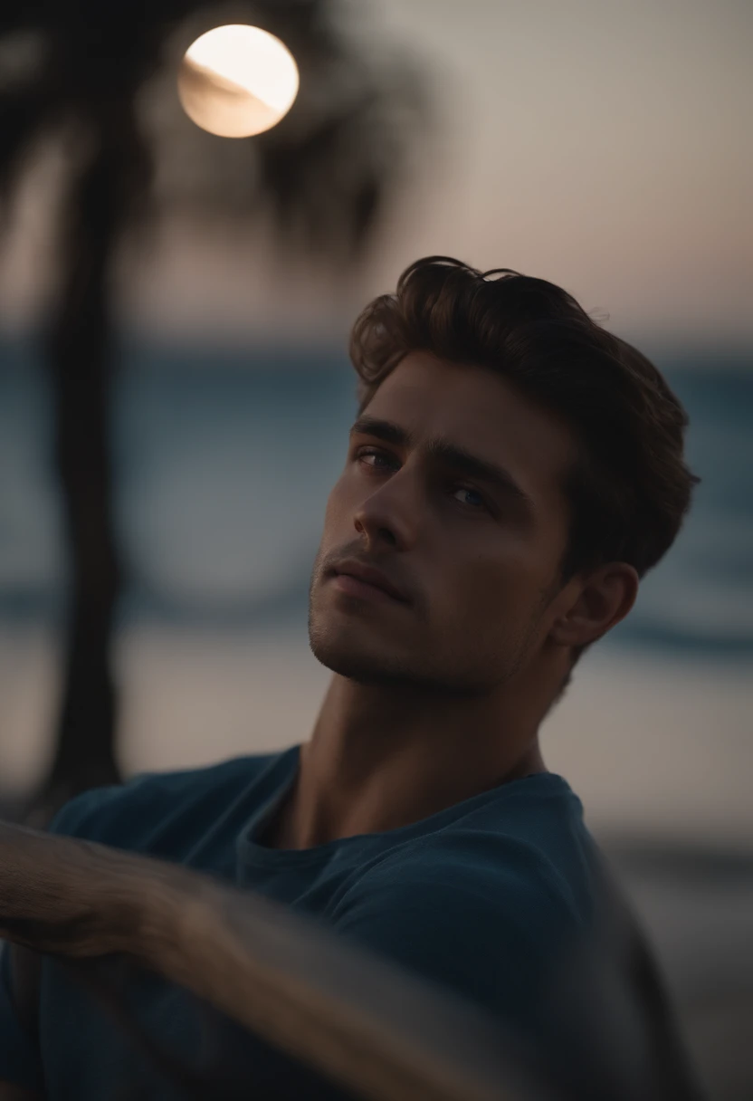 (best quality,4k,8k,highres,masterpiece:1.2),ultra-detailed,(realistic,photorealistic,photo-realistic:1.37),portrait,man,23 years old,depression,facial expression,sad,watching,down,sea shore,lonely,blue color palette,moody lighting   potrait of a 23 year old man , in depression facial epression. watching down  the sea sore with the wave infront of him...moon on the sk