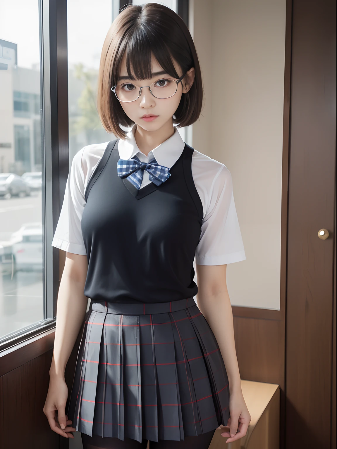 (Long bob cut)、(Underwear is visible)、((Narrow-eyed))、((Narrow-eyed))、((Narrow-eyed))、(8K、Raw photography、top-quality、​masterpiece：1.2),((small tits))、((small tits))、((small tits))、((small tits))、((small tits))、((A-cup))、((A-cup))、((A-cup))、((A-cup))、((A-cup))、Has a small、(flat breast)、(flat breast)、(flat breast)、(flat breast)、(flat breast)、(being thin)、light skinned、skin whitening、Dark look、Rasping,glamor,Chromo-white skin,cocky,School,watching at viewers,Looking at the front,Muchimuchi,High-pitched clothing,Erotic,Pupils,de pele branca,kne,((Black pantyhose)),absurderes,a small face,,Forehead visible,Bangs hanging from the left and right sides of the forehead,(a cold expression,Tight eyes,glares,Bullish,irate)、​masterpiece,top-quality、超A high resolution,Raw photo,ren,Beautiful fece,One Person, 独奏,eye glass,,Dark look,Small breasts,fullllbody,Round glasses,JK school uniform,hi-school girl,A Japanese Lady,is standing,（Photorealsitic：1.37）、Photon mapping,Realistic、Beautie,Cute little face,Brown-eyed、Black socks、(Red bow tie)、Radio City、Physically Based Rendering、depth of fields、Blurry background、a picture,Body,beauty legs, Long legs, Thin leg,(Bangs are visible), hair, s lips, Blue_The eye, nosesoft,(Light blue shirt), (Navy and blue and white plaid pleated skirt), Knees are visible,Sheer clothing,, Thigh, Black cotton socks,Nogizaka Idol, 女優, Japanese ido
